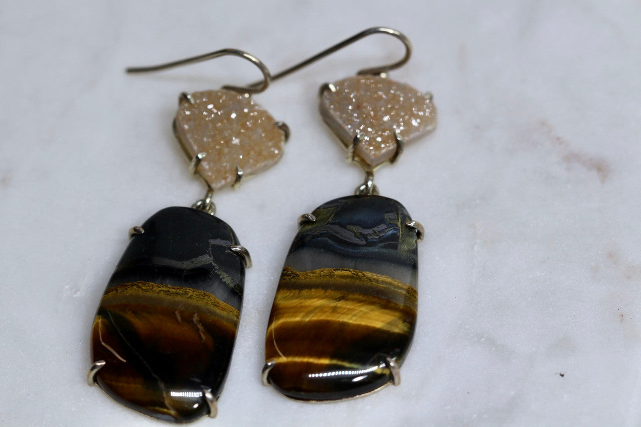 Blue Tigers Eye Sterling Silver Druzy Quartz Drop Earrings, Statement Earring, Tigerseye Gemstone Hand Made