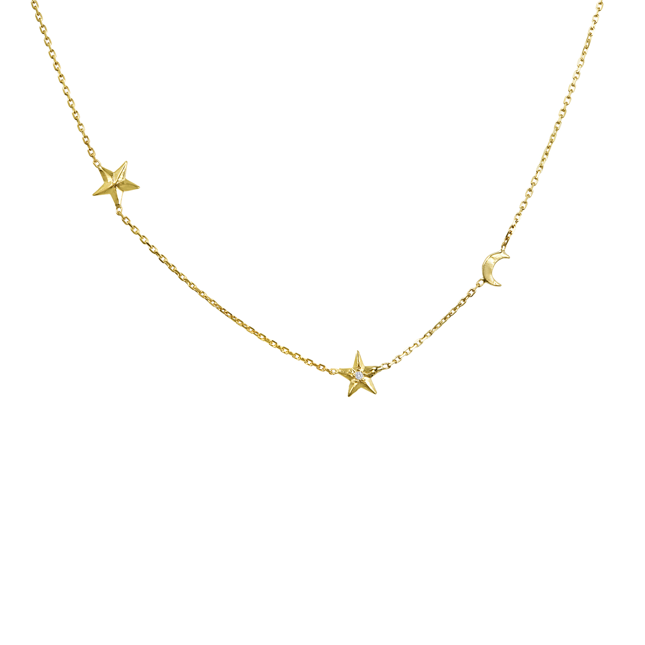 14K Yellow Gold Diamond Celestial Necklace, Diamond Moon & Star Necklace, Diamond Layering Necklace Hand Made