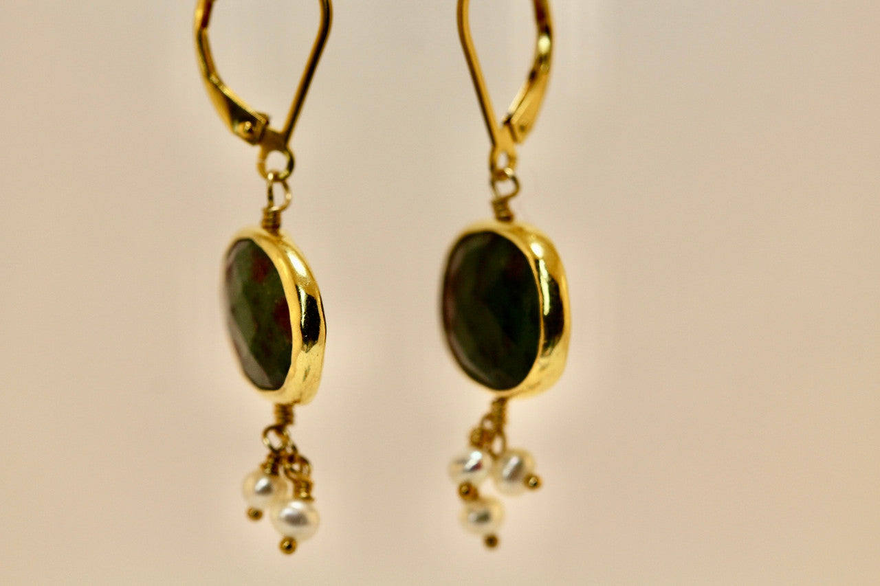 Exquisite Ruby-Zoisite & Pearl Drop Earrings, 14K Yellow Gold Gemstone Drop Earring Hand Made, Best Pearl Cluster Earring, Unique Gift For Her