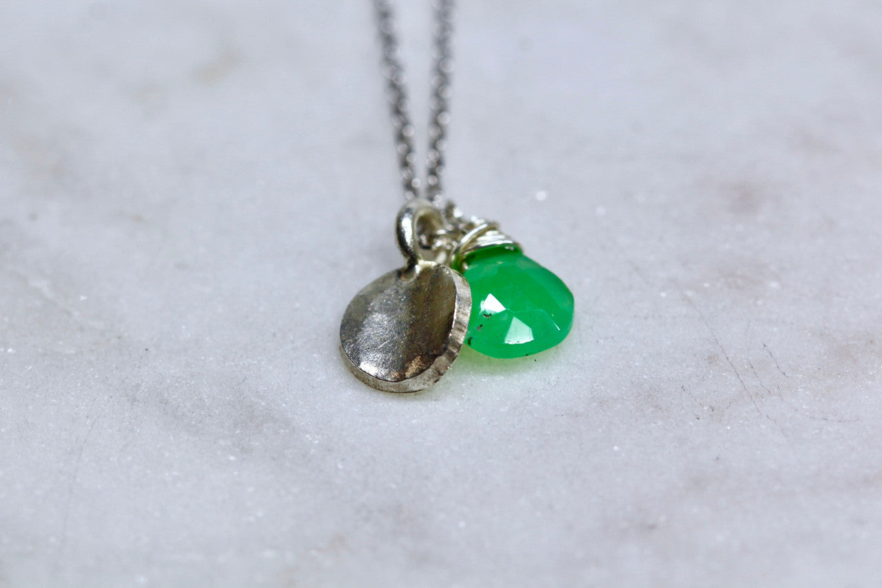 Sterling Silver Handmade Hammered Disc Chrysoprase Gemstone Pendant