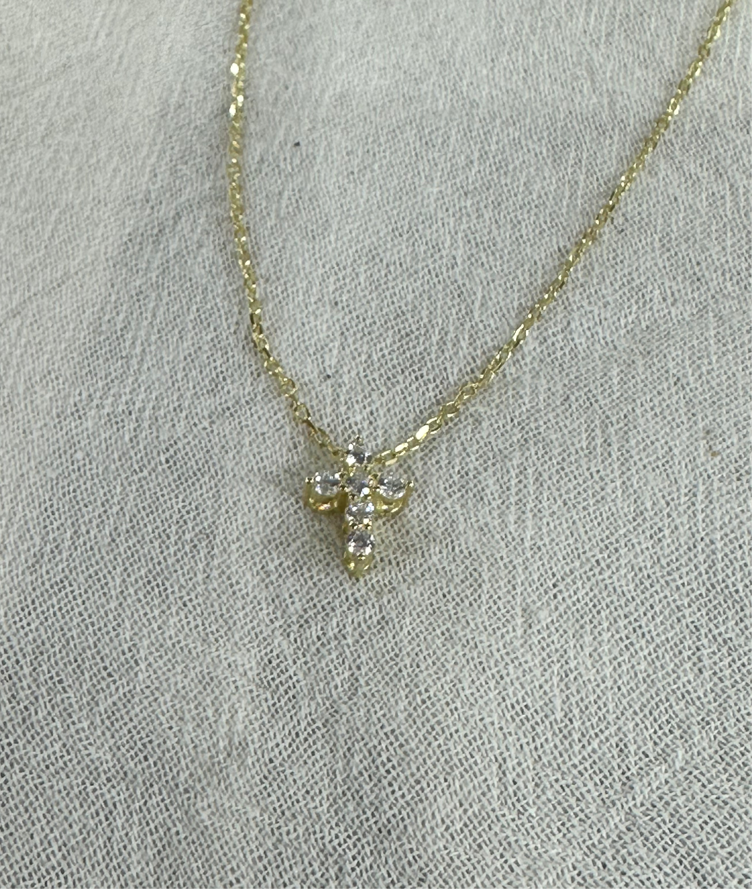 14K Gold Diamond Cross Necklace, Adjustable Chain 16-18 Inch