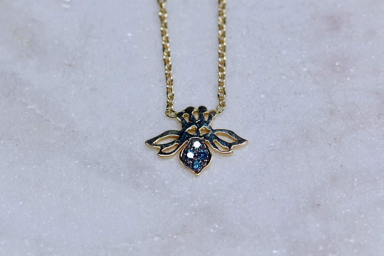 14K Yellow Gold Blue Diamond Bee Necklace