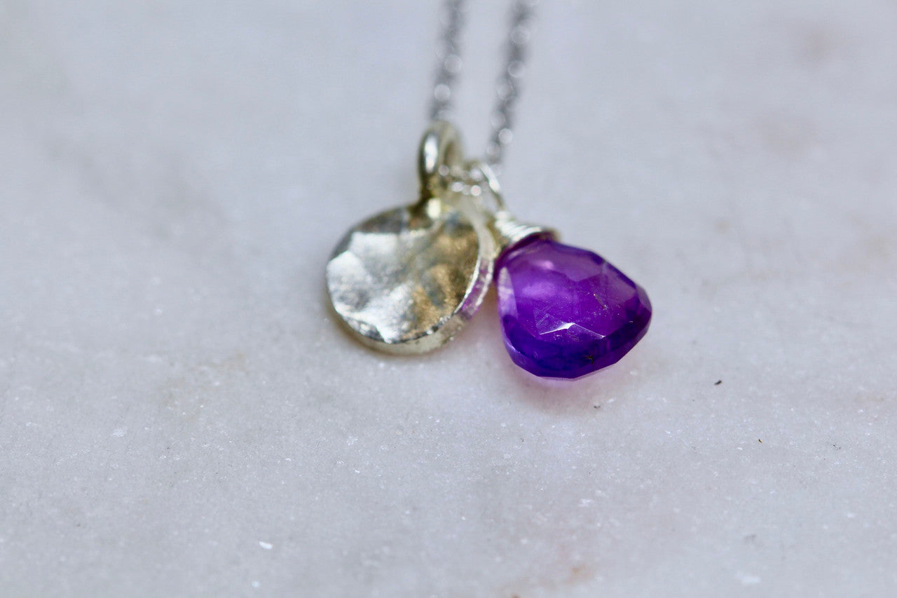 925 Sterling Silver Hammered Disc Necklace, Amethyst, Handmade Hammered Disc Pendant, February Birthstone, Amethyst Birthstone