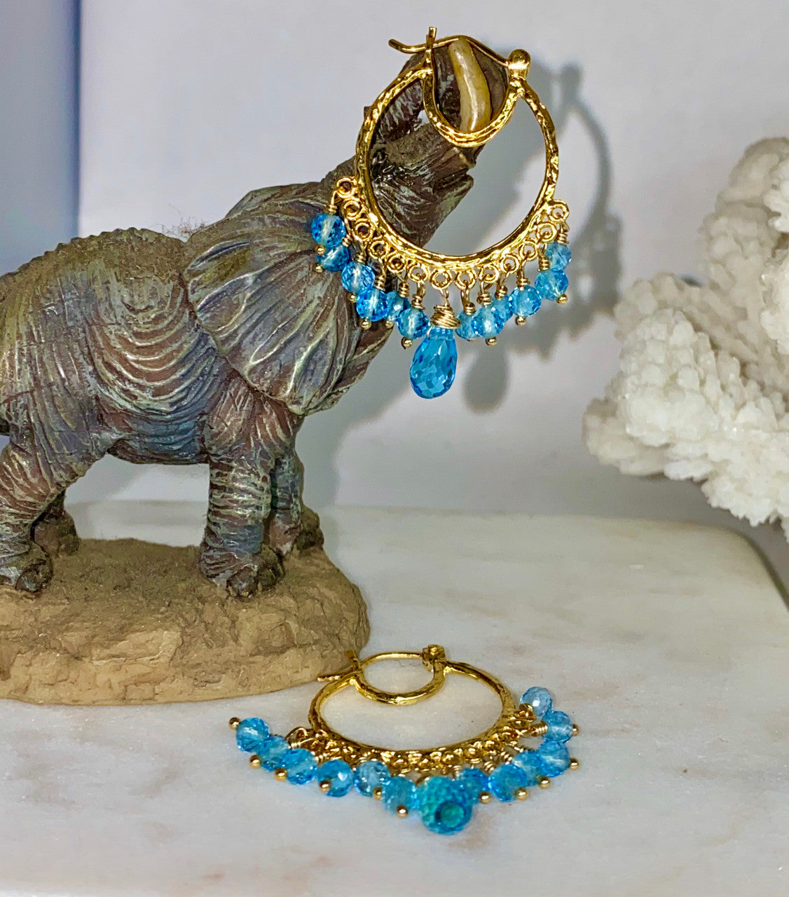 14K Blue Topaz Hoop Earrings, Yellow Gold Blue Topaz Hoop Earrings, Hand Made Indian Hoop Earrings