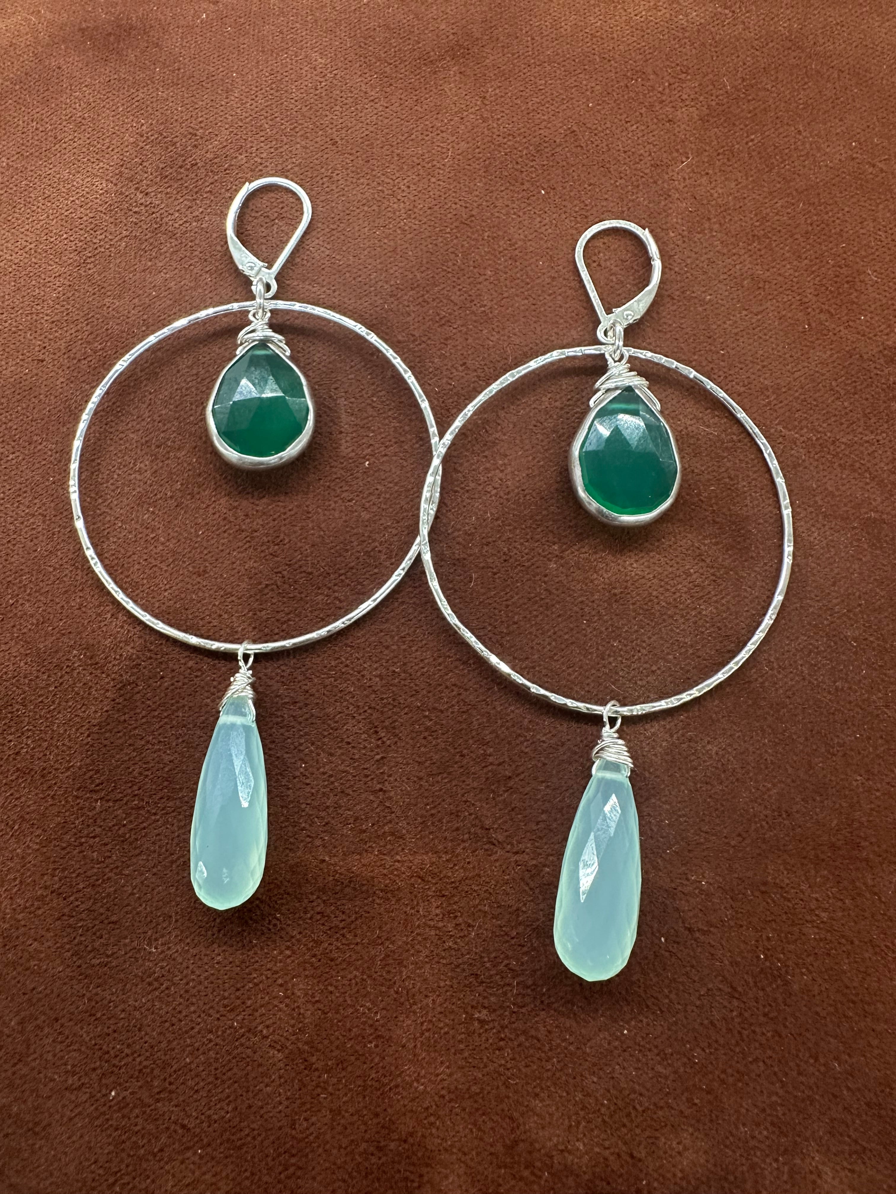 Elegant Green Onyx & Aqua Chalcedony Hammered Hoop Earrings in Silver