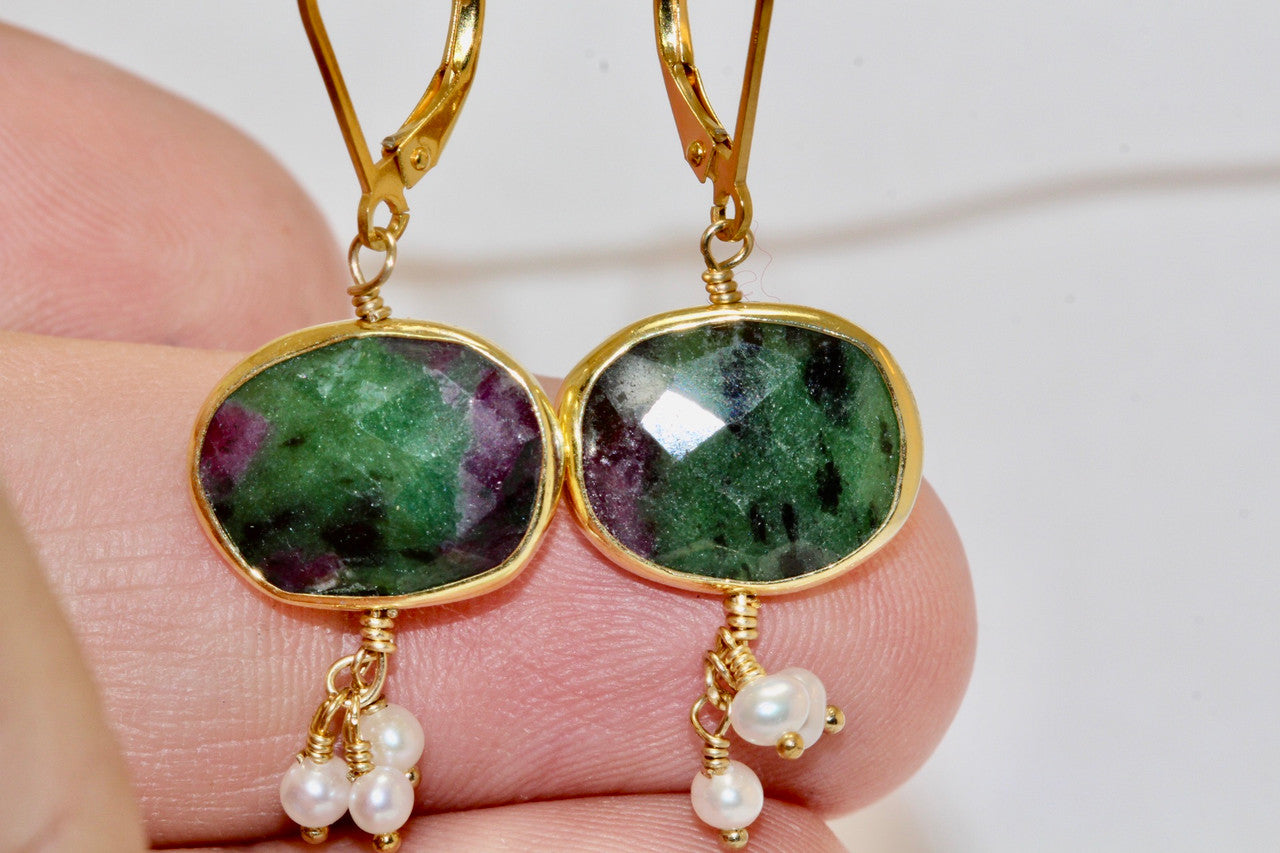 Exquisite Ruby-Zoisite & Pearl Drop Earrings, 14K Yellow Gold Gemstone Drop Earring Hand Made, Best Pearl Cluster Earring, Unique Gift For Her