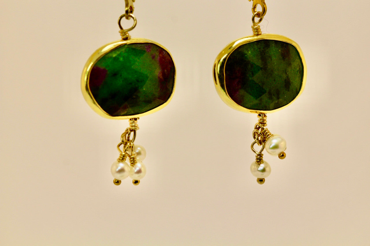 Unique 14k Yellow gold-filled bezel set Ruby-Zoisite drop earrings with AAA quality fresh water pearl clusters all hand wire wire wrapped.