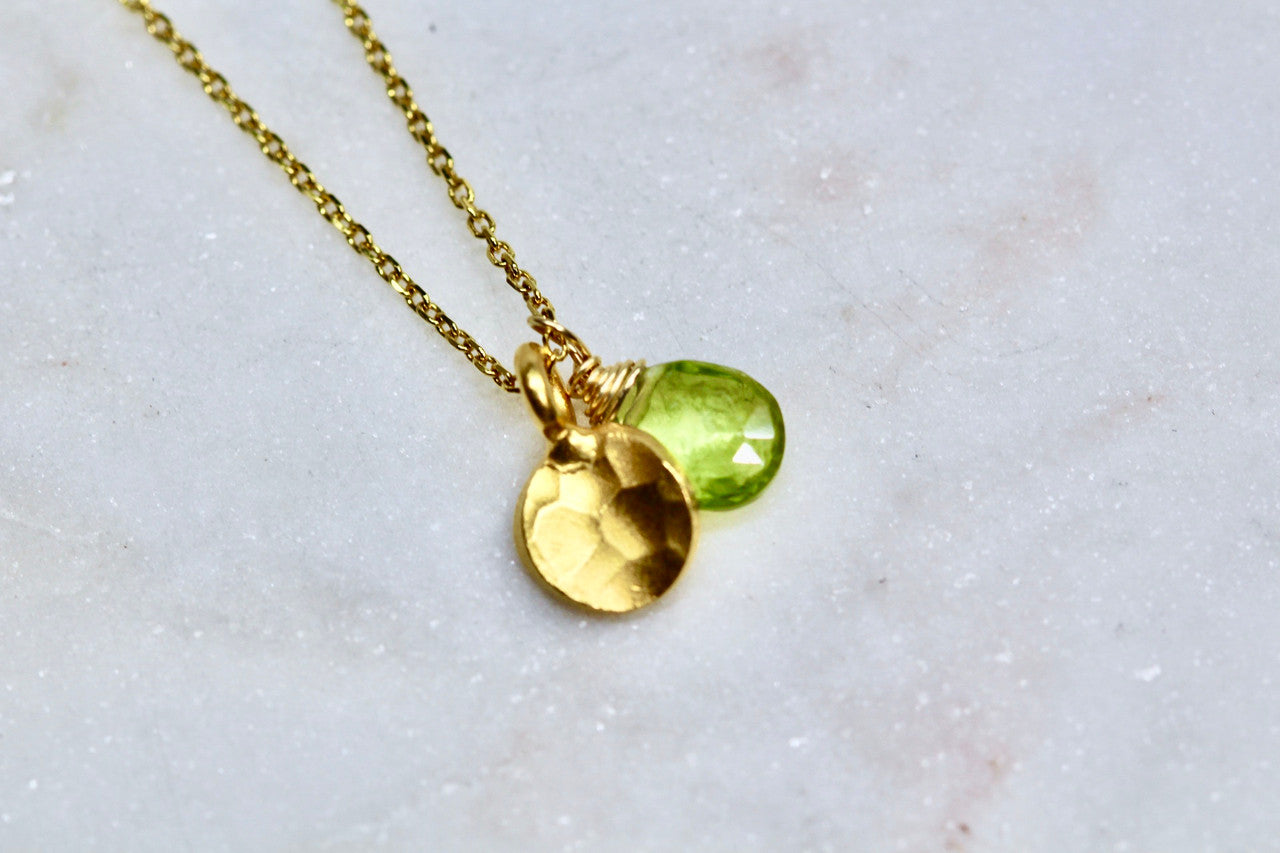Handmade 14K Yellow Gold Peridot Hammered Disc Pendant