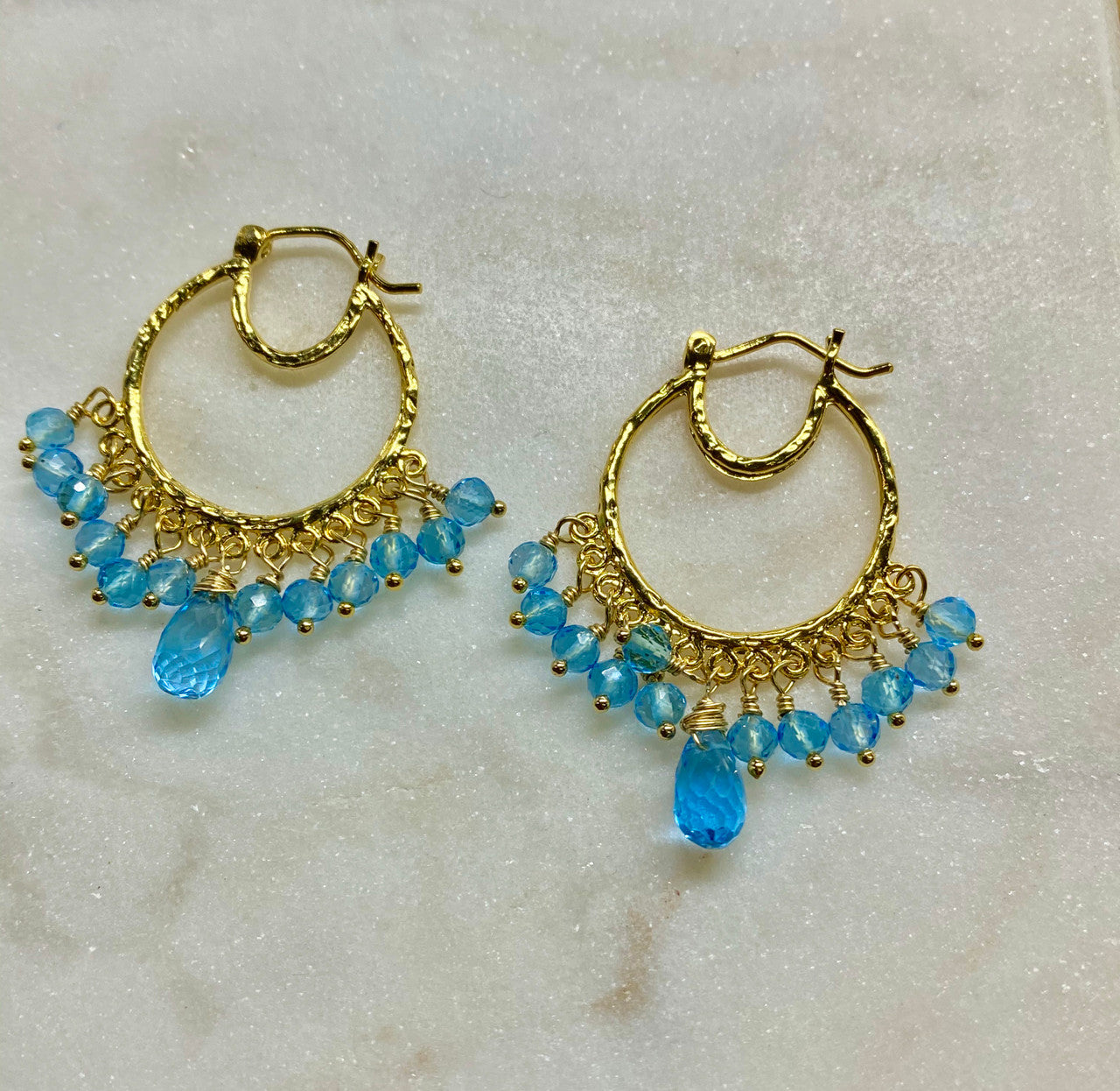 14K Blue Topaz Hoop Earrings, Yellow Gold Blue Topaz Hoop Earrings, Hand Made Indian Hoop Earrings