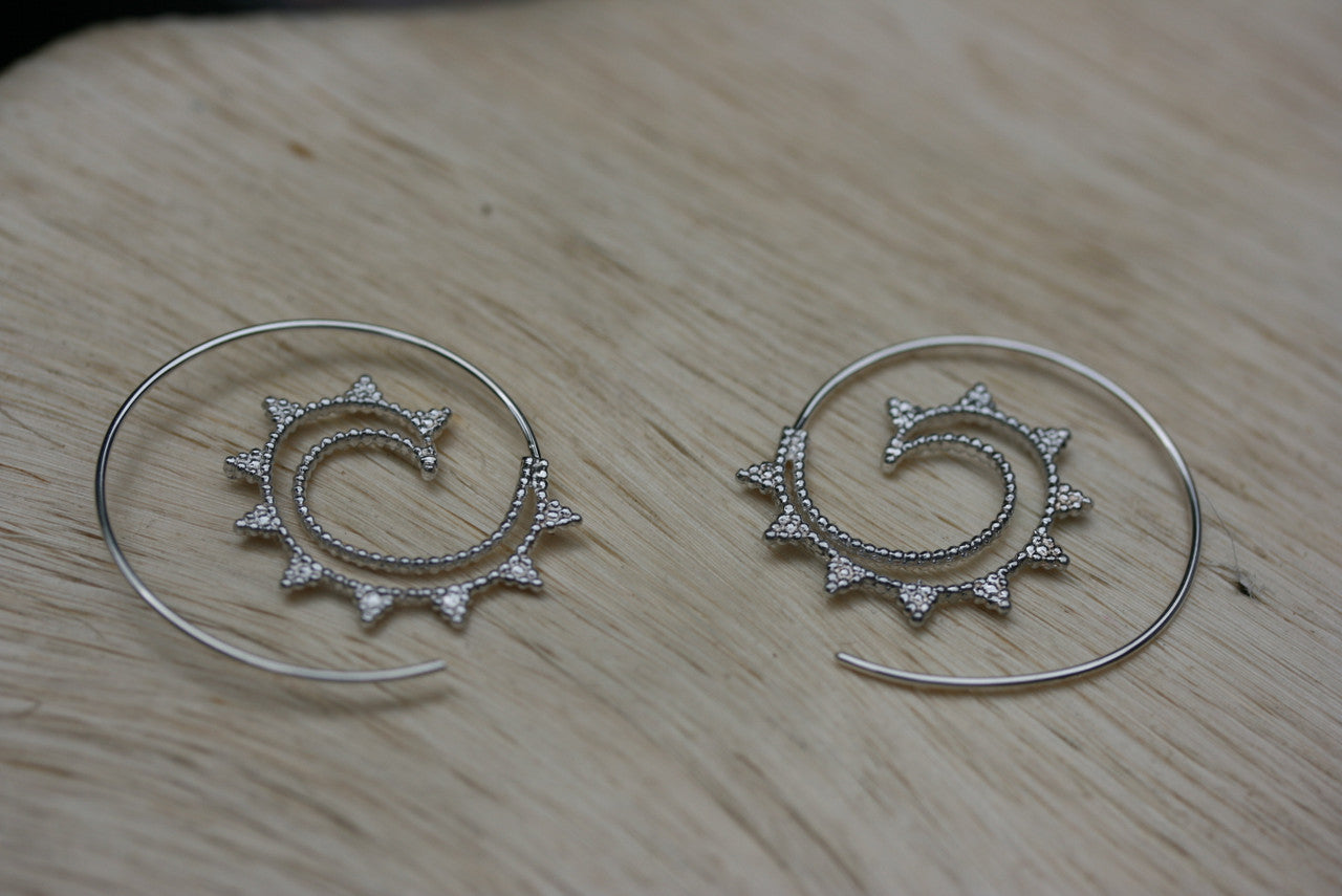 Exquisite Sterling Silver Tibetan Hoop Earrings, Spiral Silver Hoop Earrings, Tribal Silver Earrings, 925 Sterling Silver Designer Hoop Earrings