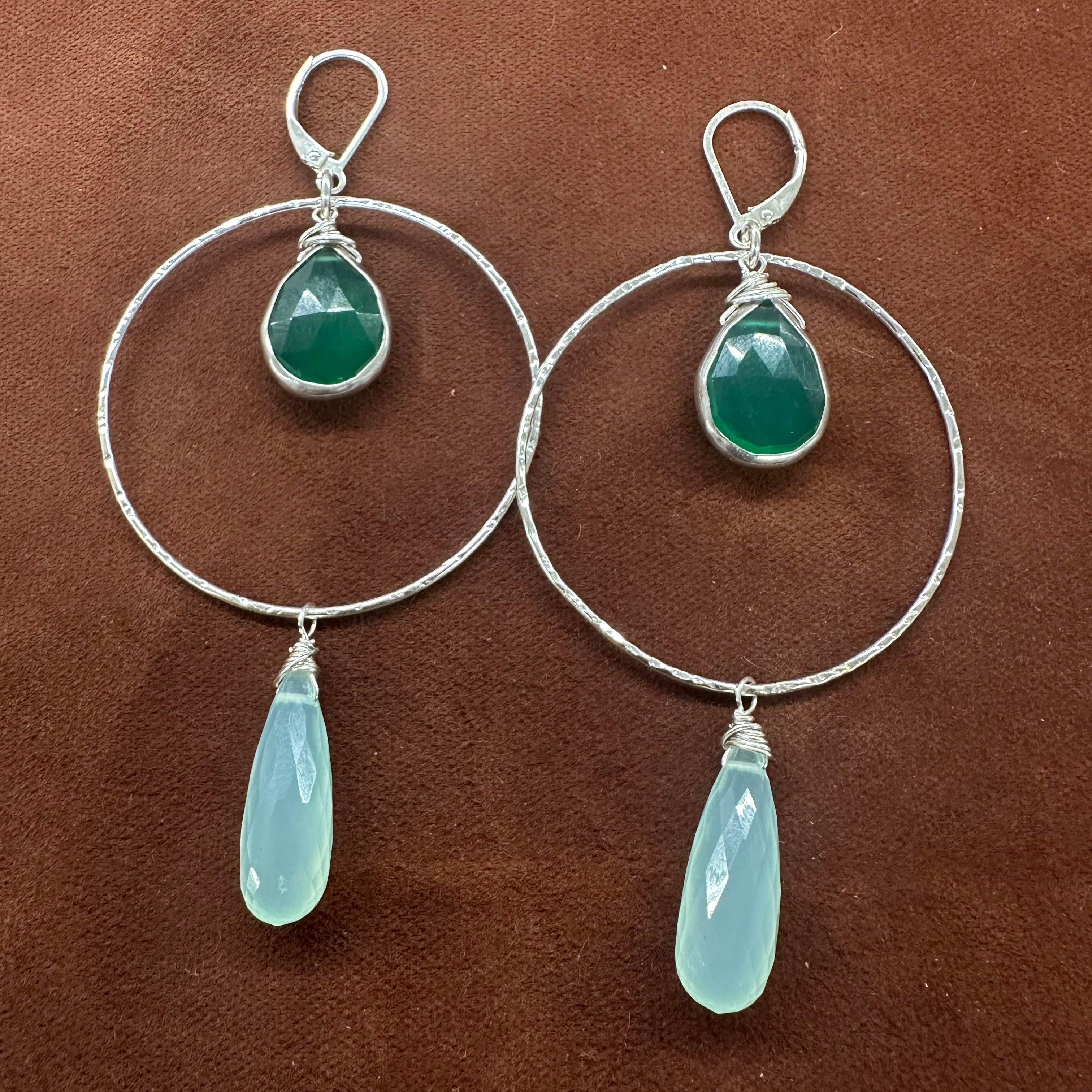Elegant Green Onyx & Aqua Chalcedony Hammered Hoop Earrings in Silver