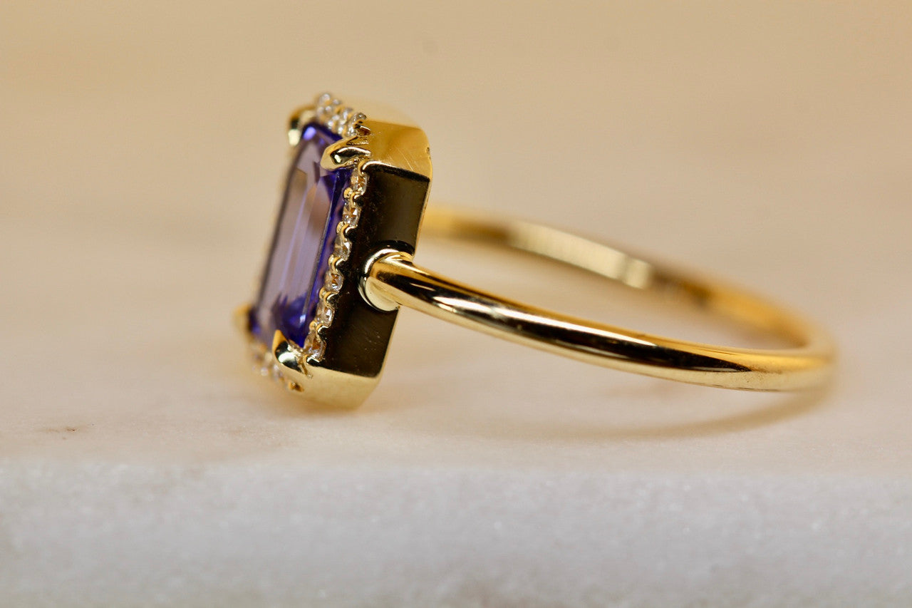 1.58 Ct Emerald Cut Tanzanite Diamond Engagment Ring, Hand Crafted Unique Tanzanite Diamond Anniversary Cocktail Ring