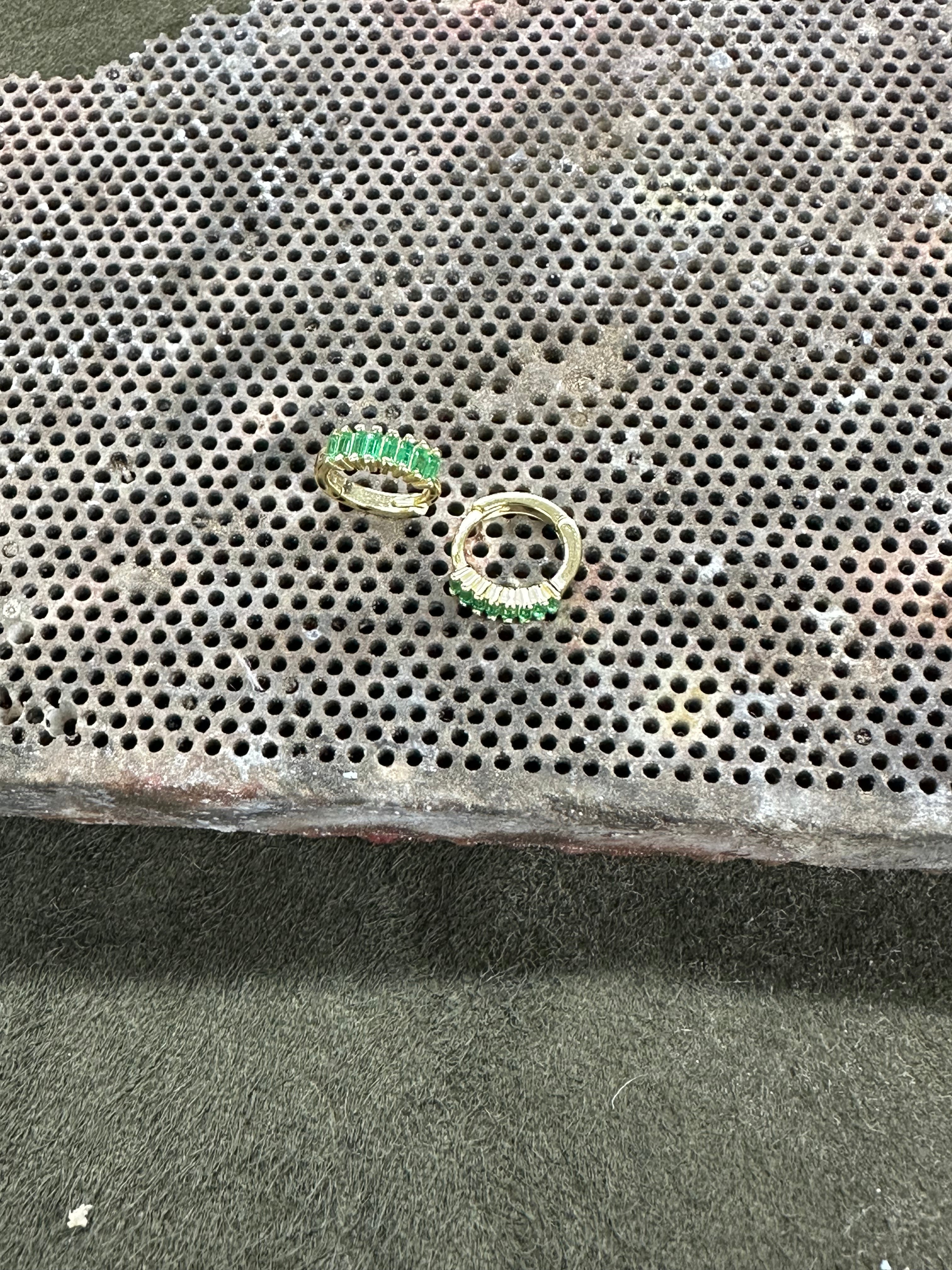 14K Yellow Gold Emerald Green Baguette Huggie Hoop Earrings – Small Gold Hoops for Women