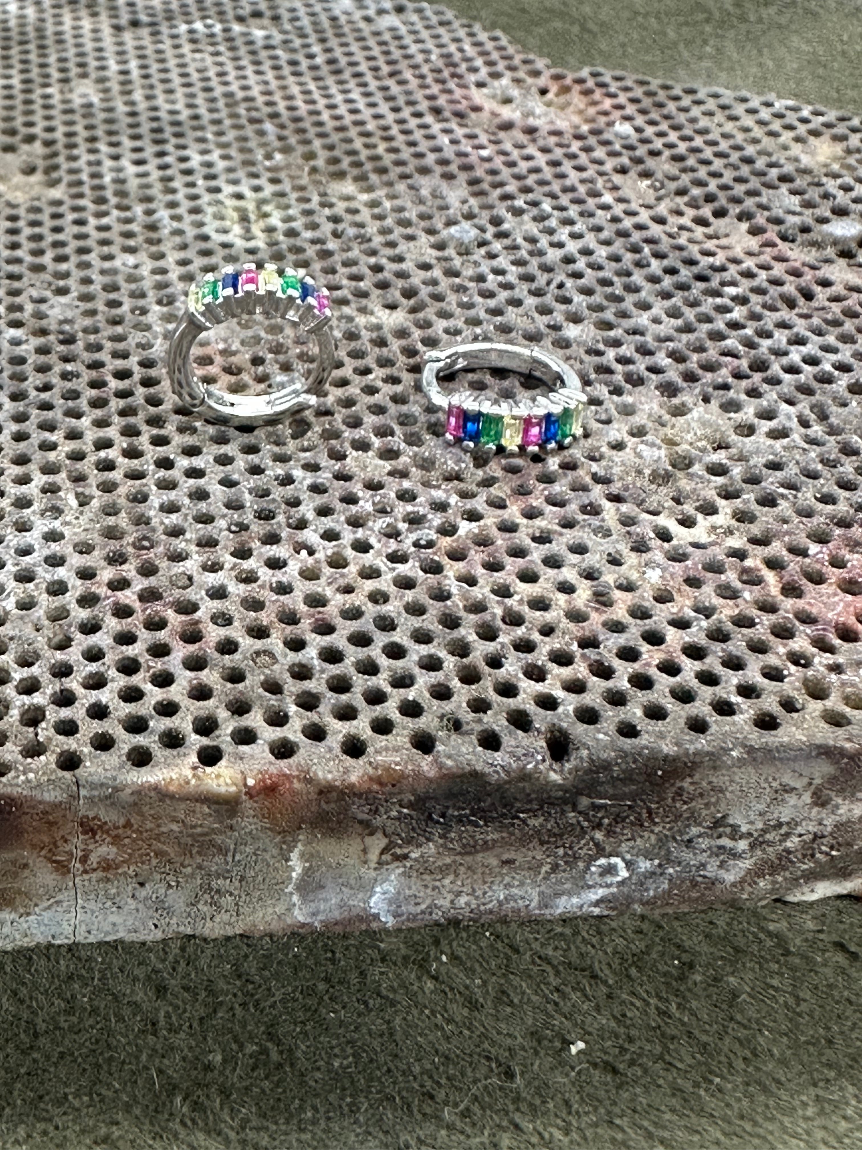 Stunning Sterling Silver Rainbow Baguette Huggie Hoop Earrings – Colorful CZ Small Hoops, Multi Color Hoop Earrings!