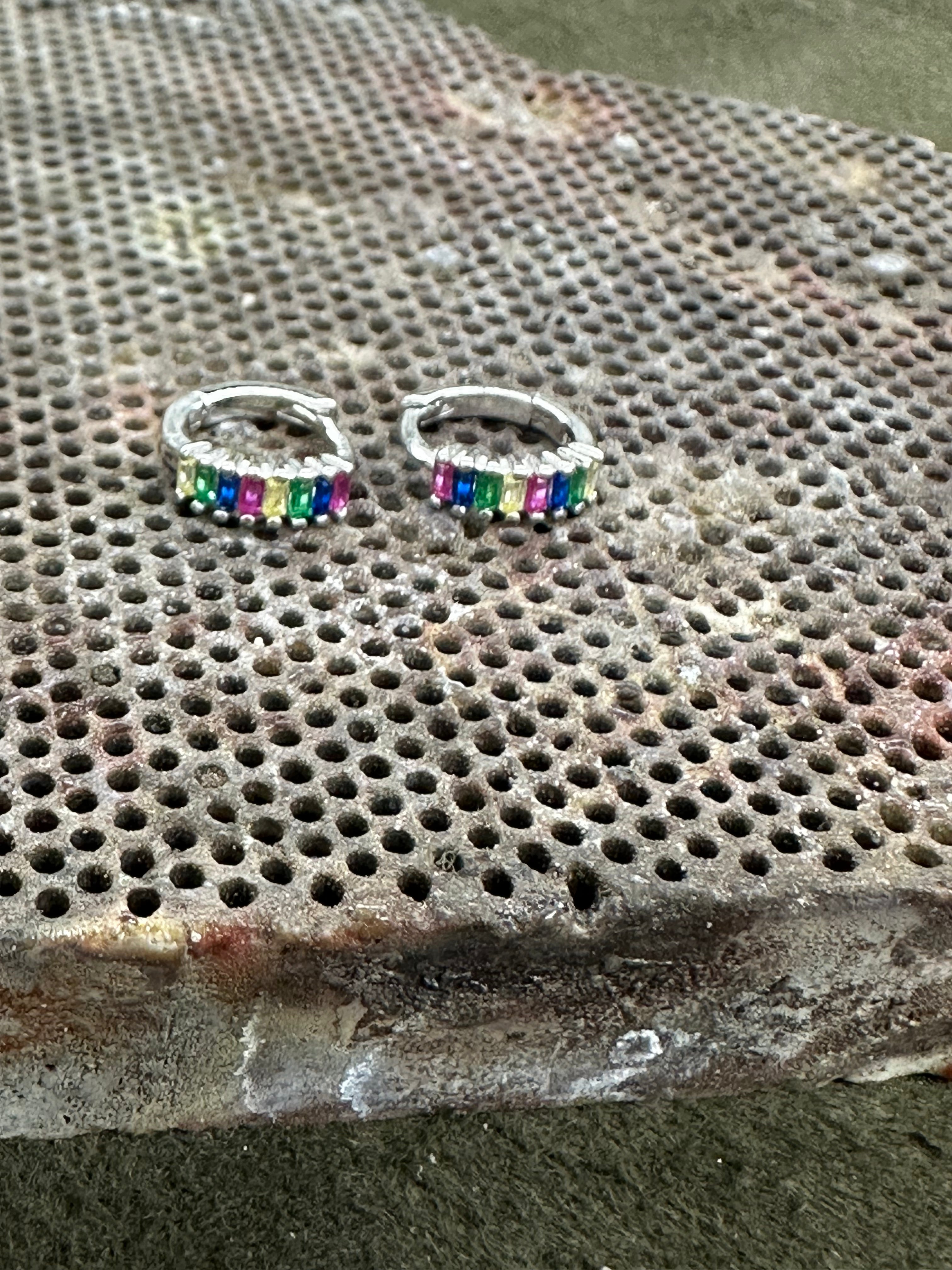 Stunning Sterling Silver Rainbow Baguette Huggie Hoop Earrings – Colorful CZ Small Hoops, Multi Color Hoop Earrings!