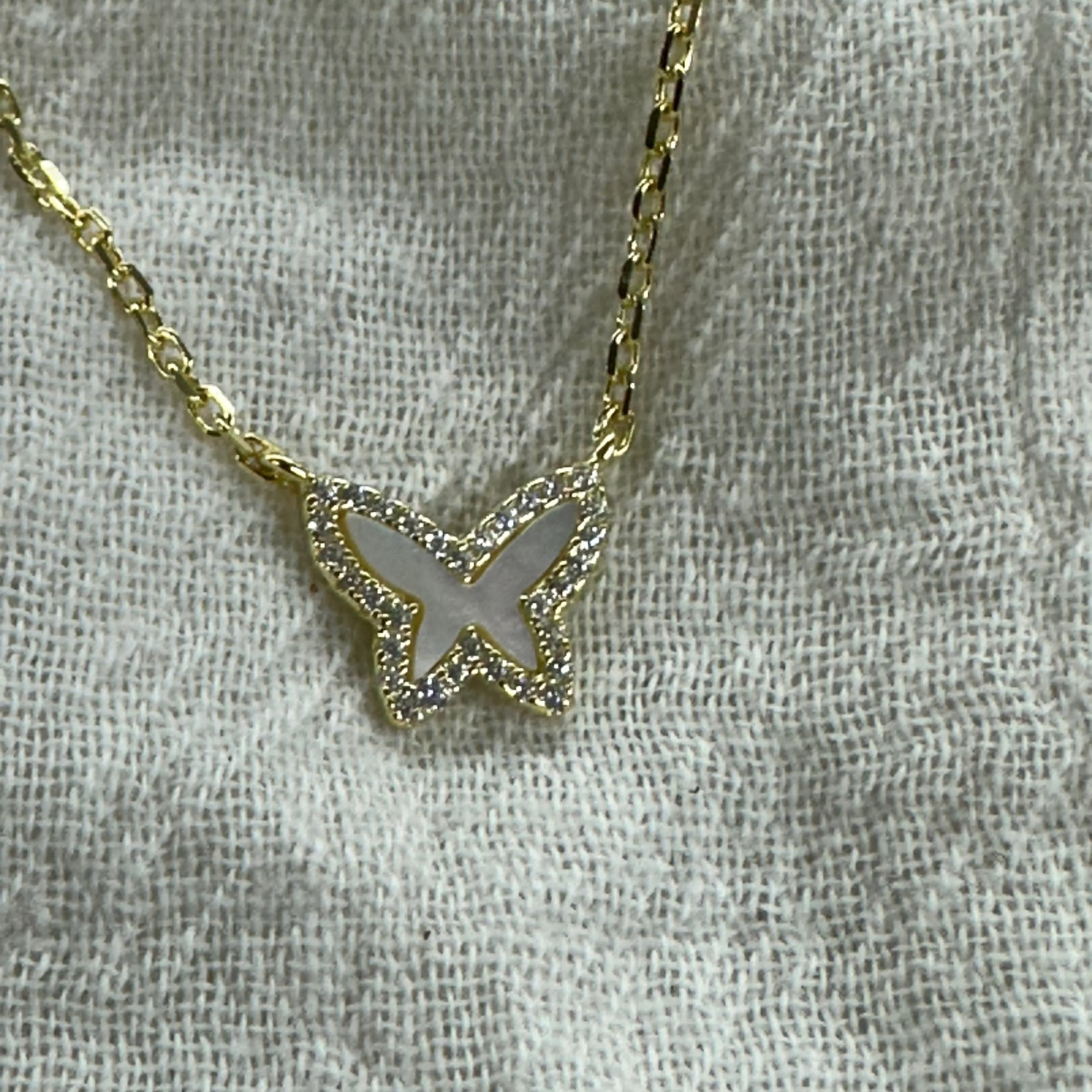 Stunning 14K Gold Butterfly Necklace with Mother of Pearl and Diamond, Adjustable Chain 16-18 Inch