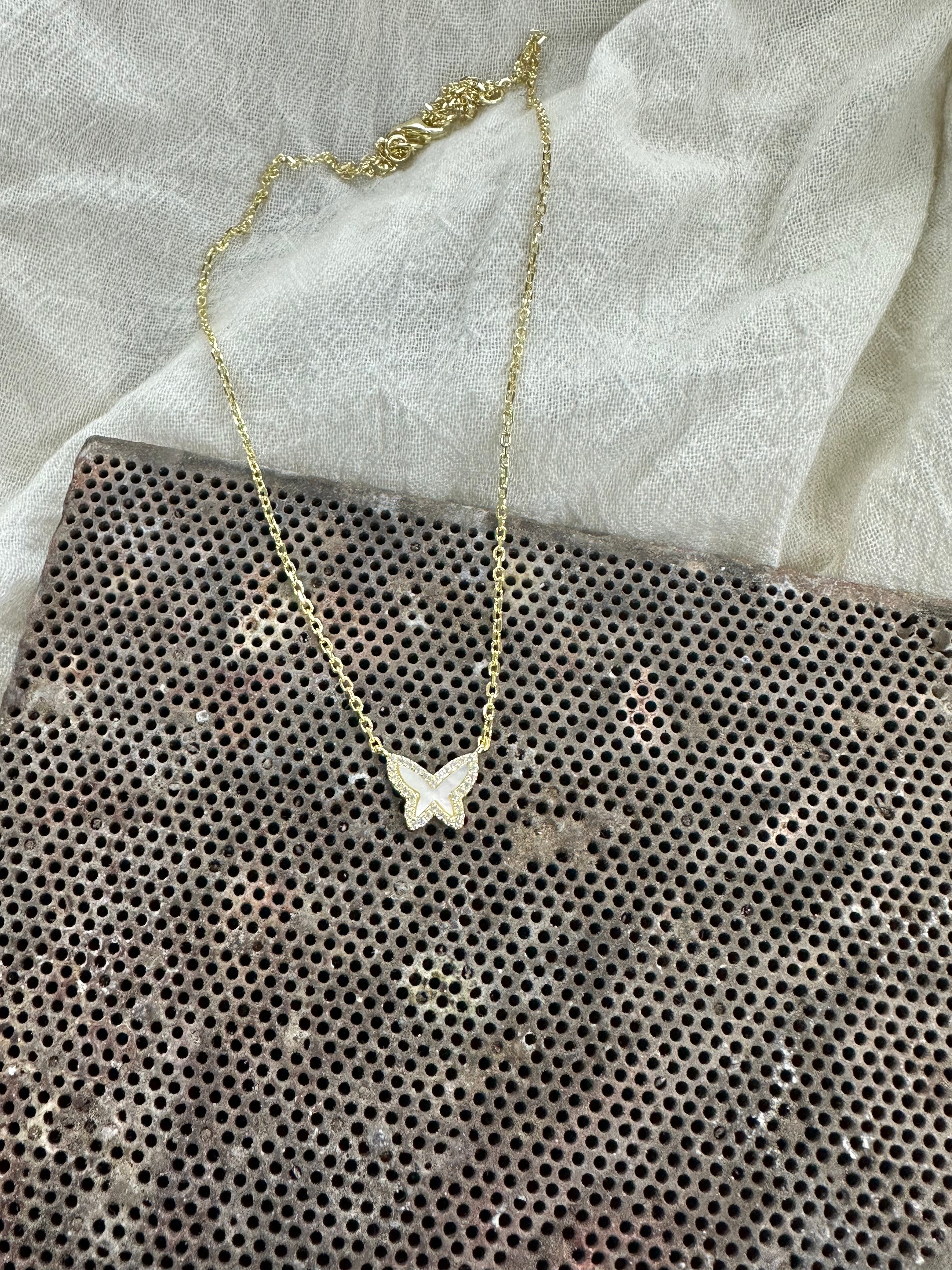 Stunning 14K Gold Butterfly Necklace with Mother of Pearl and Diamond, Adjustable Chain 16-18 Inch