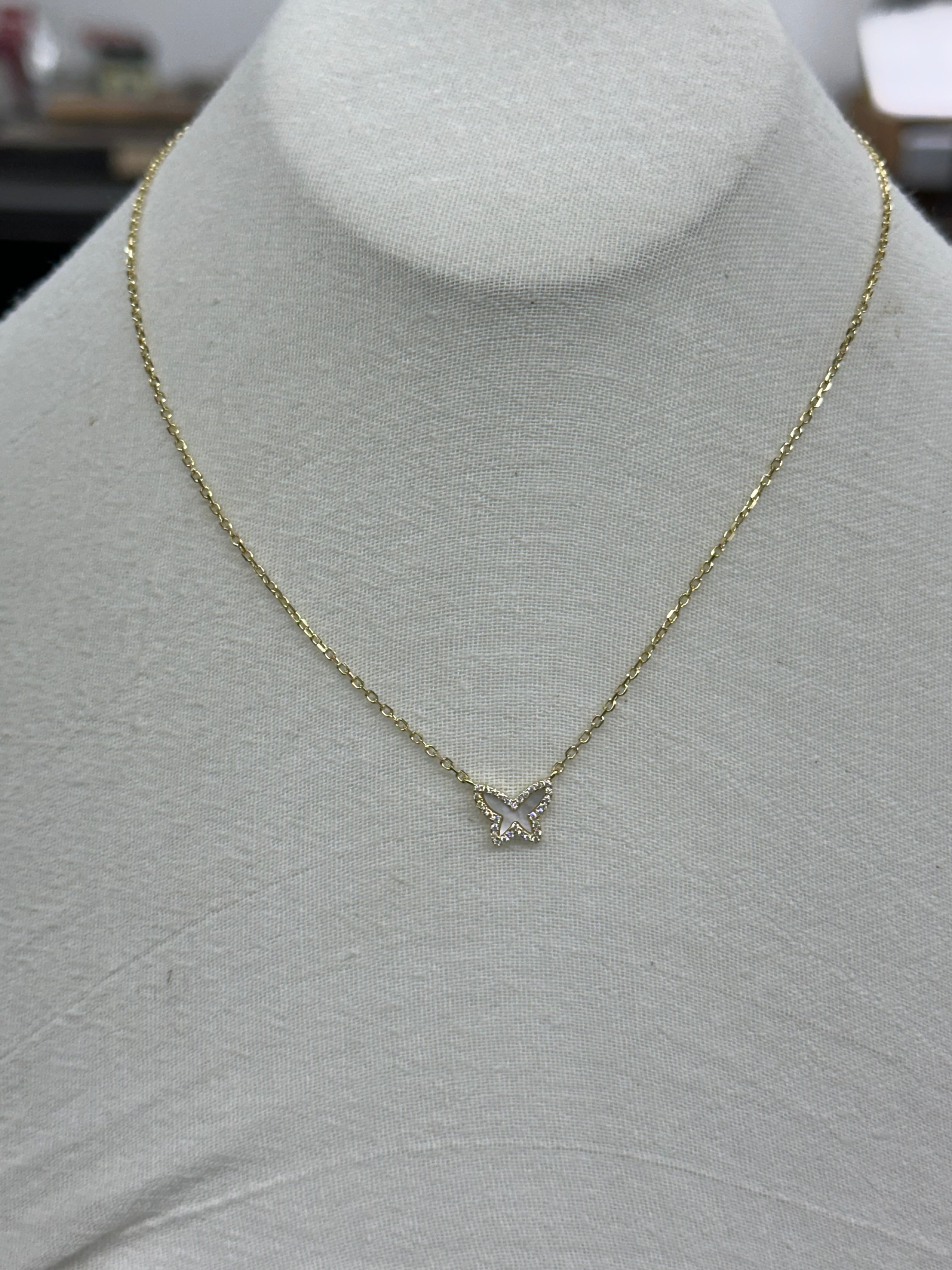 Stunning 14K Gold Butterfly Necklace with Mother of Pearl and Diamond, Adjustable Chain 16-18 Inch