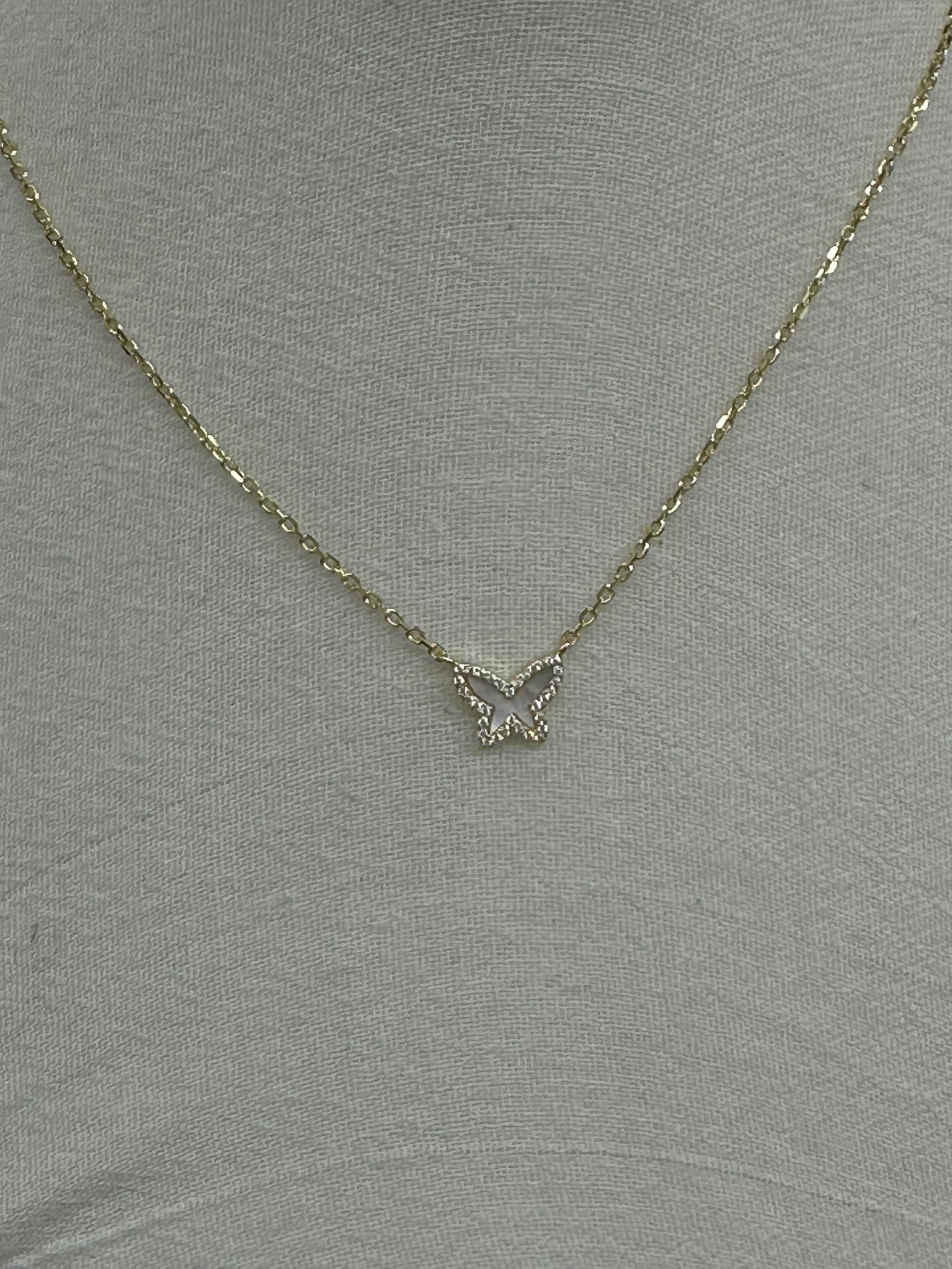 Stunning 14K Gold Butterfly Necklace with Mother of Pearl and Diamond, Adjustable Chain 16-18 Inch