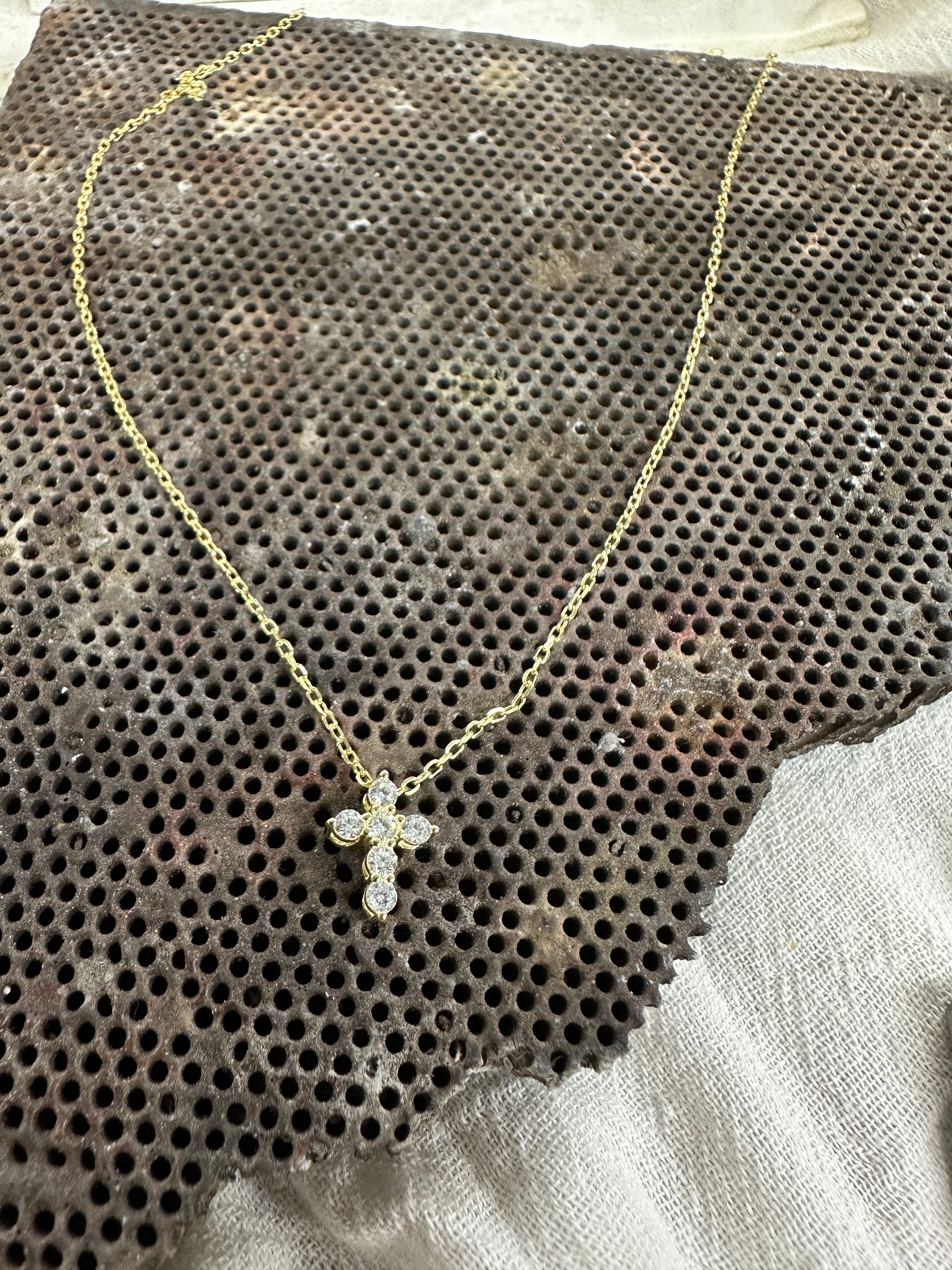 14K Gold Diamond Cross Necklace, Adjustable Chain 16-18 Inch