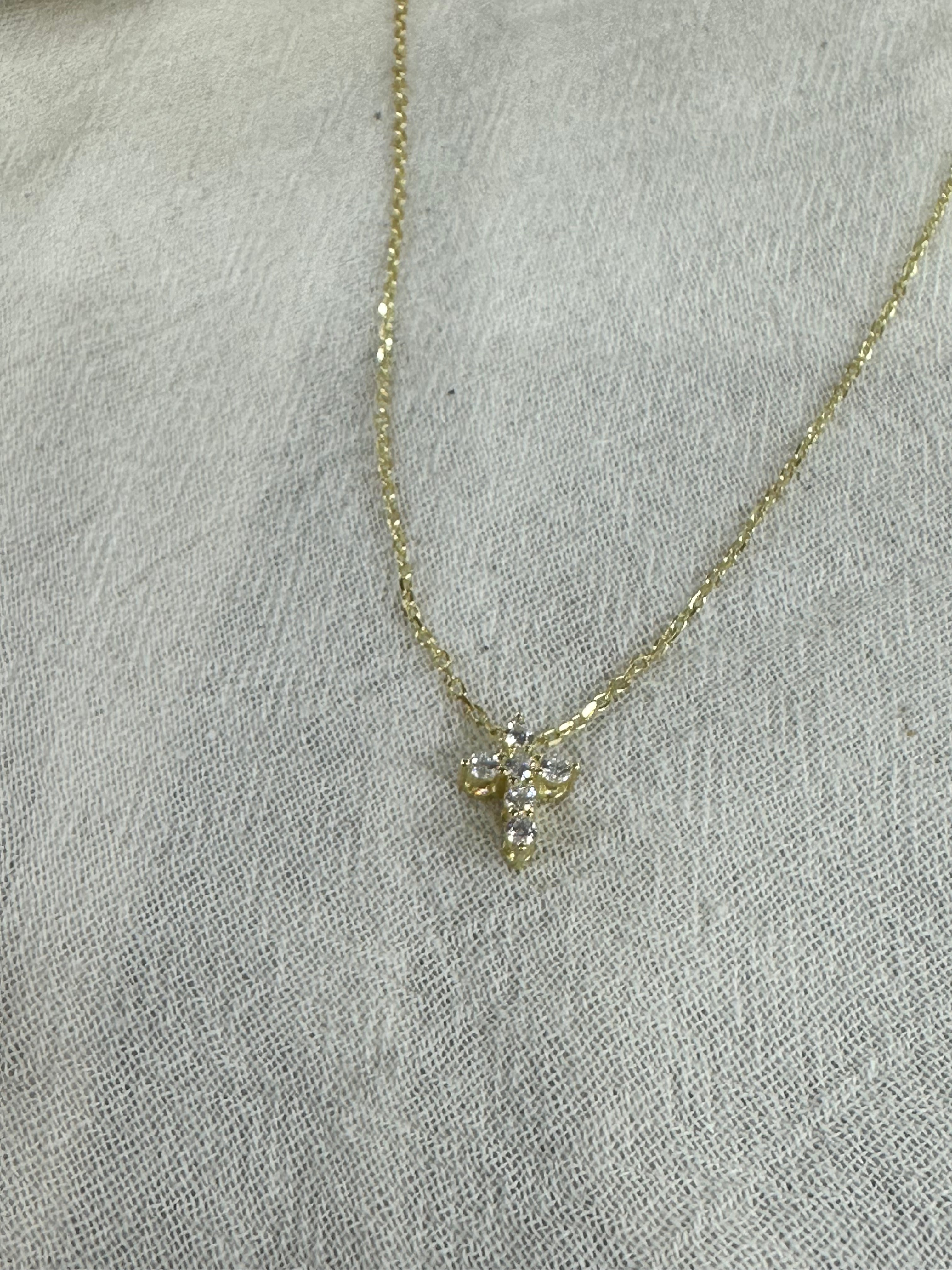 14K Gold Diamond Cross Necklace, Adjustable Chain 16-18 Inch