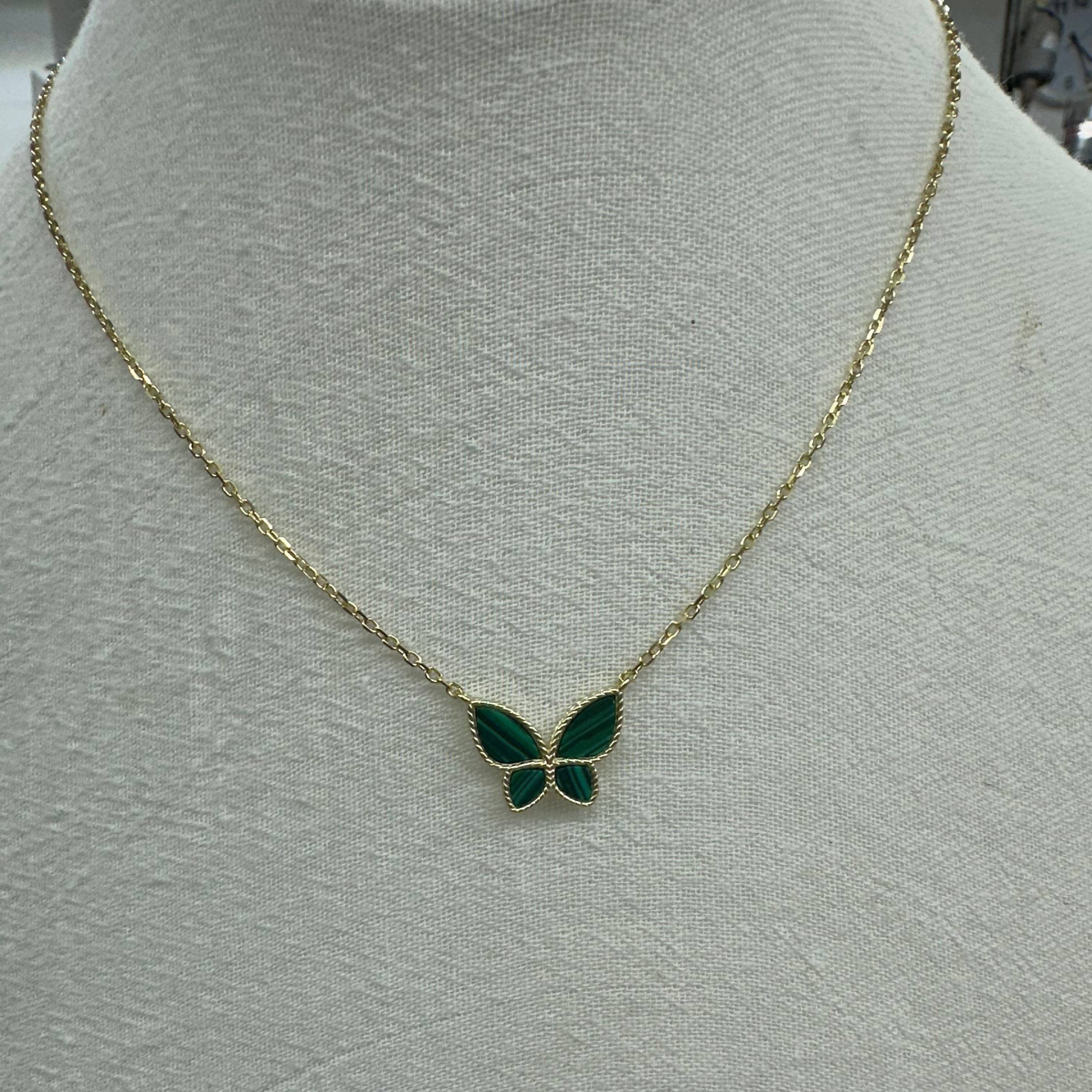 Stunning 14K Gold Malachite Butterfly Necklace with Millgrain Detail, Adjustable Chain 16-18 Inch