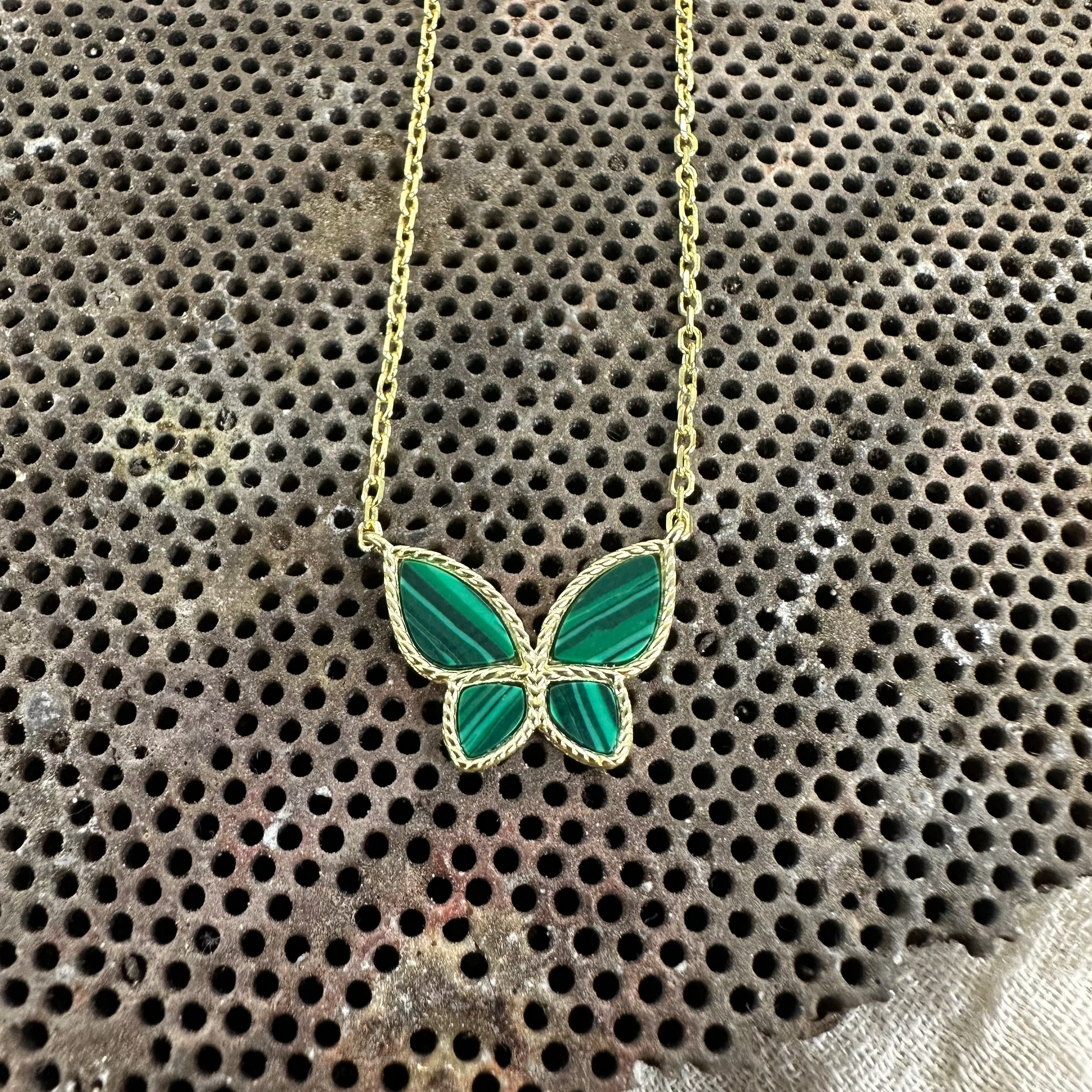 Stunning 14K Gold Malachite Butterfly Necklace with Millgrain Detail, Adjustable Chain 16-18 Inch