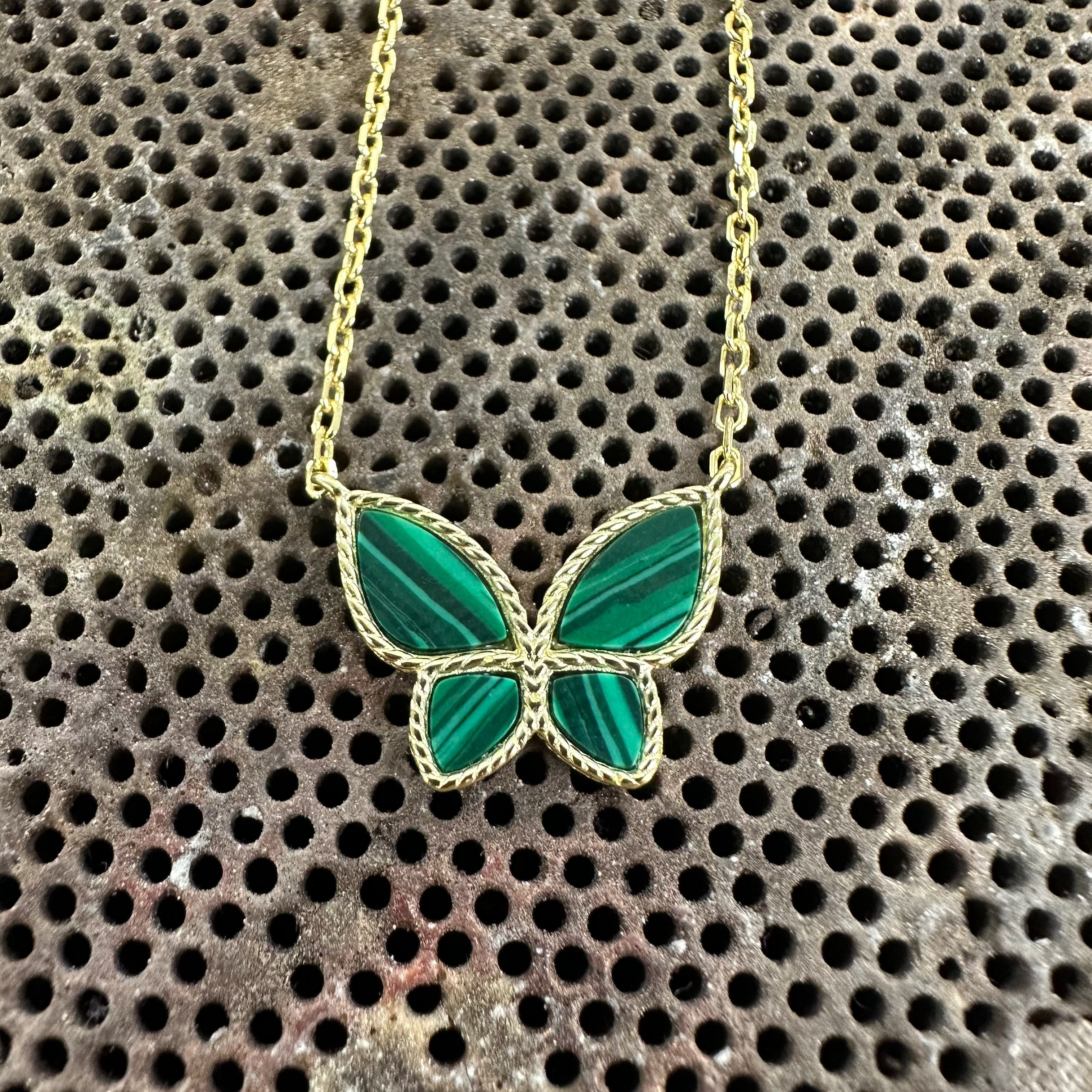 Stunning 14K Gold Malachite Butterfly Necklace with Millgrain Detail, Adjustable Chain 16-18 Inch