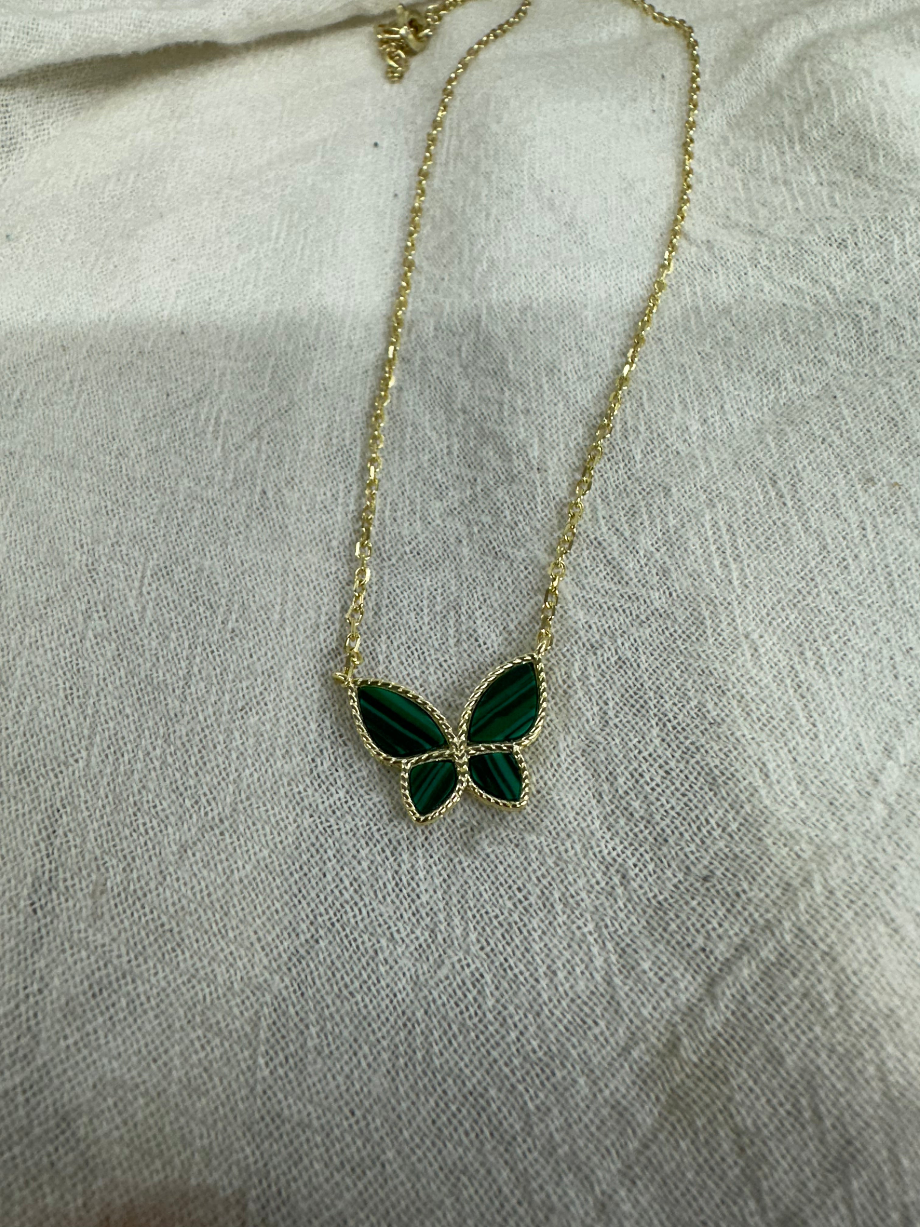 Stunning 14K Gold Malachite Butterfly Necklace with Millgrain Detail, Adjustable Chain 16-18 Inch