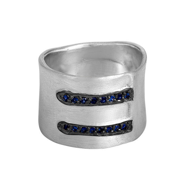 Wide Sterling Silver Band With Pave Sapphires, Wide Statement Cigar Band, Sapphire Hand Made Sterling Silver Ring