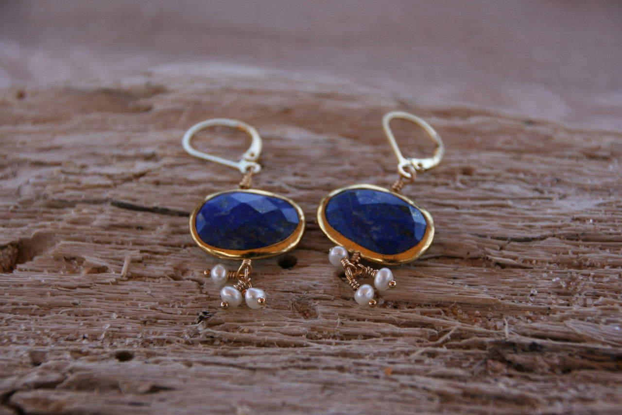 14K Yellow Gold Lapis Lazuli Pearl Cluster Drop Earrings< Gemstone Drop Earring, Lapis Lazuli Earring, Pearl & Lapis Lazuli Earring