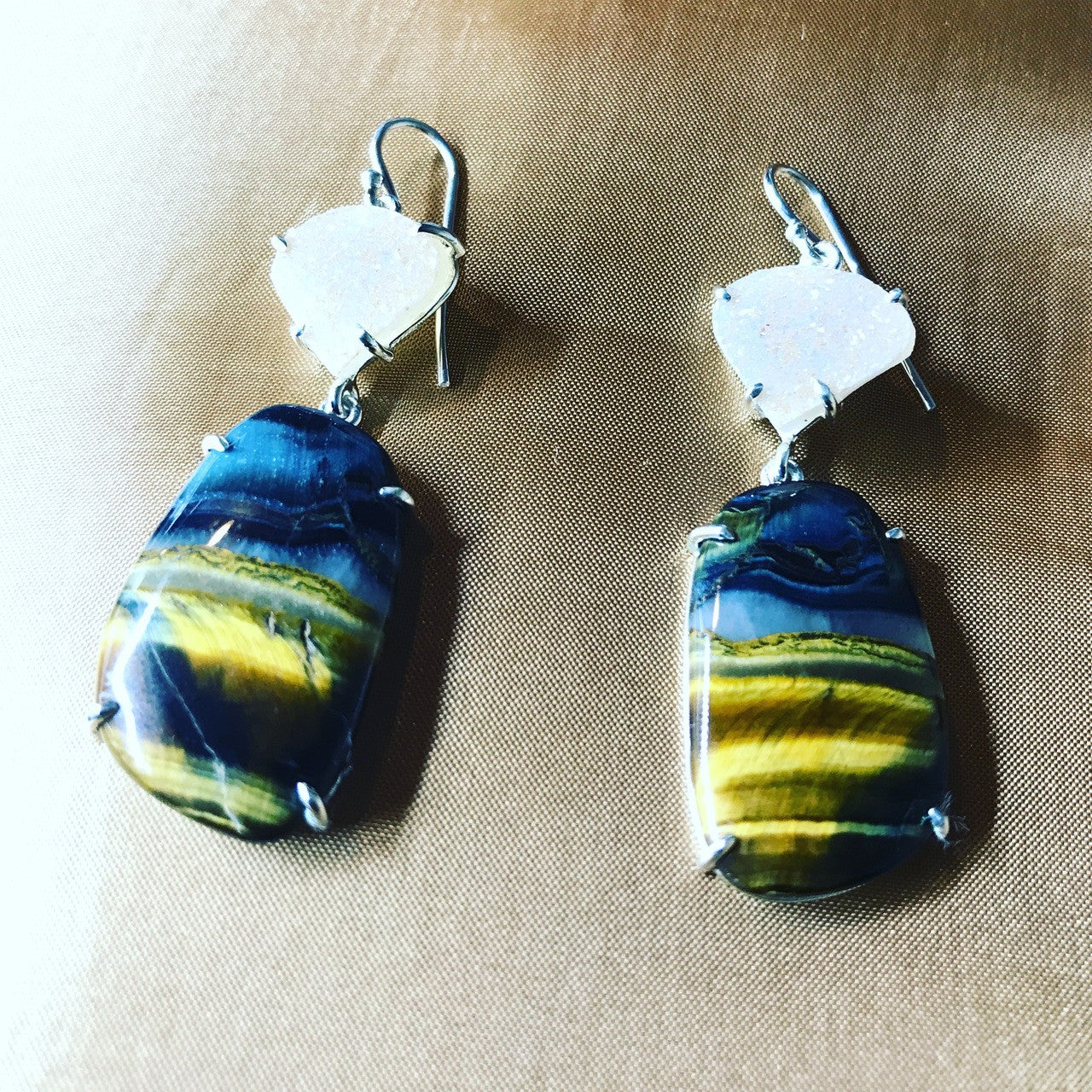 Blue Tiger Eye Sterling Silver Drusy Quartz Drop Earrings, Statement Earring, Tigereye Gemstone Hand Made