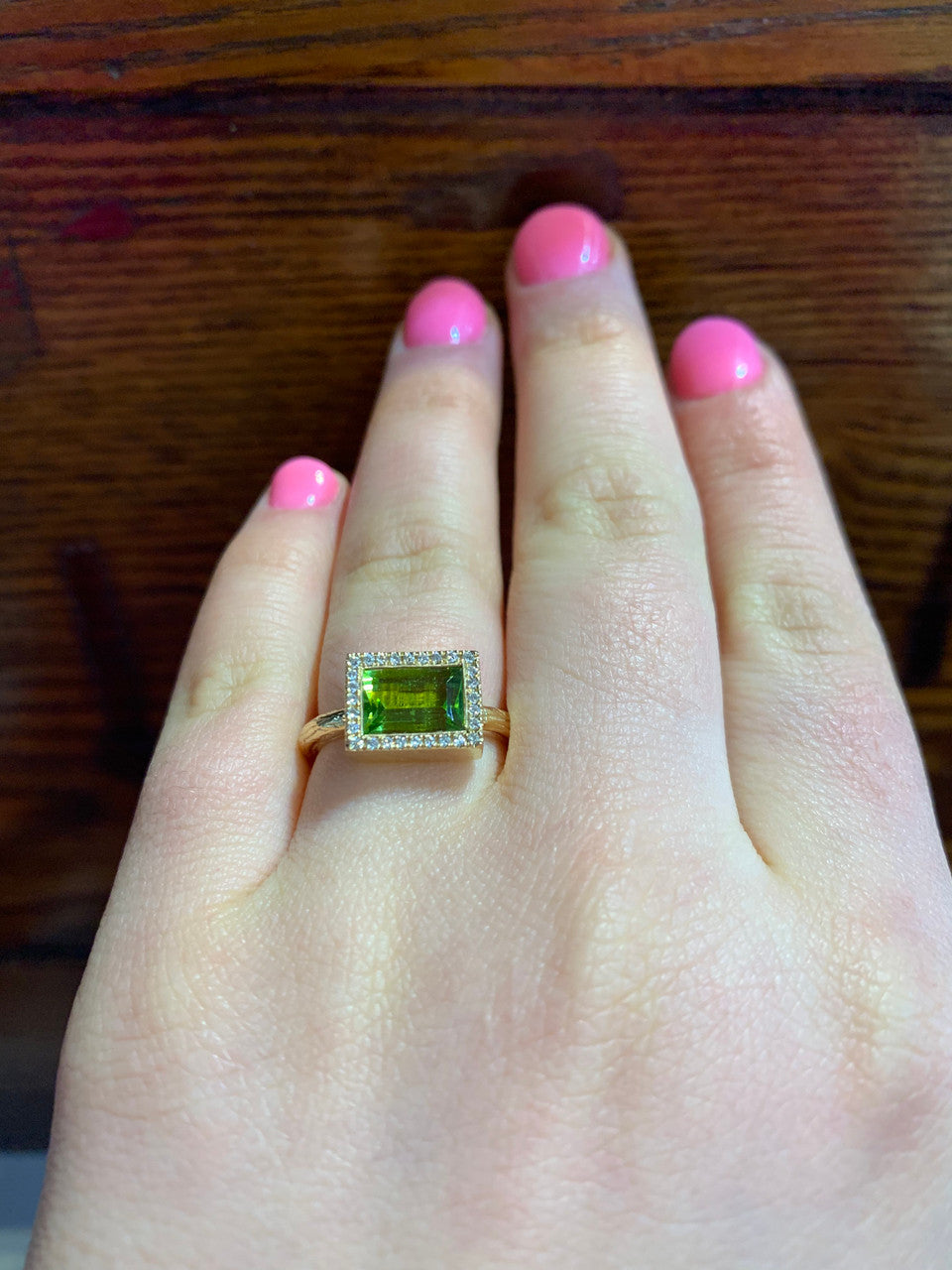 Very Unique One Of A Kind Horizontal Diamond Peridot Engagement Ring, Exquisite 14K Yellow Gold Diamond & Peridot Cocktail Ring