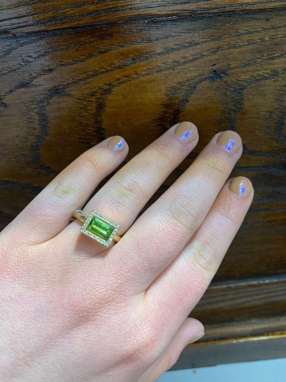 One Of A Kind Horizontal Diamond Peridot Engagement Ring, 14K Yellow Gold Diamond & Peridot Cocktail Ring