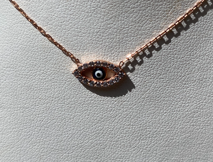 14K Rose Gold Evil Eye Pave Necklace, Rose Gold Evil Eye Pendant, Hand Made Layering Diamond Necklace, Diamond Evil Eye Necklace Hand Made