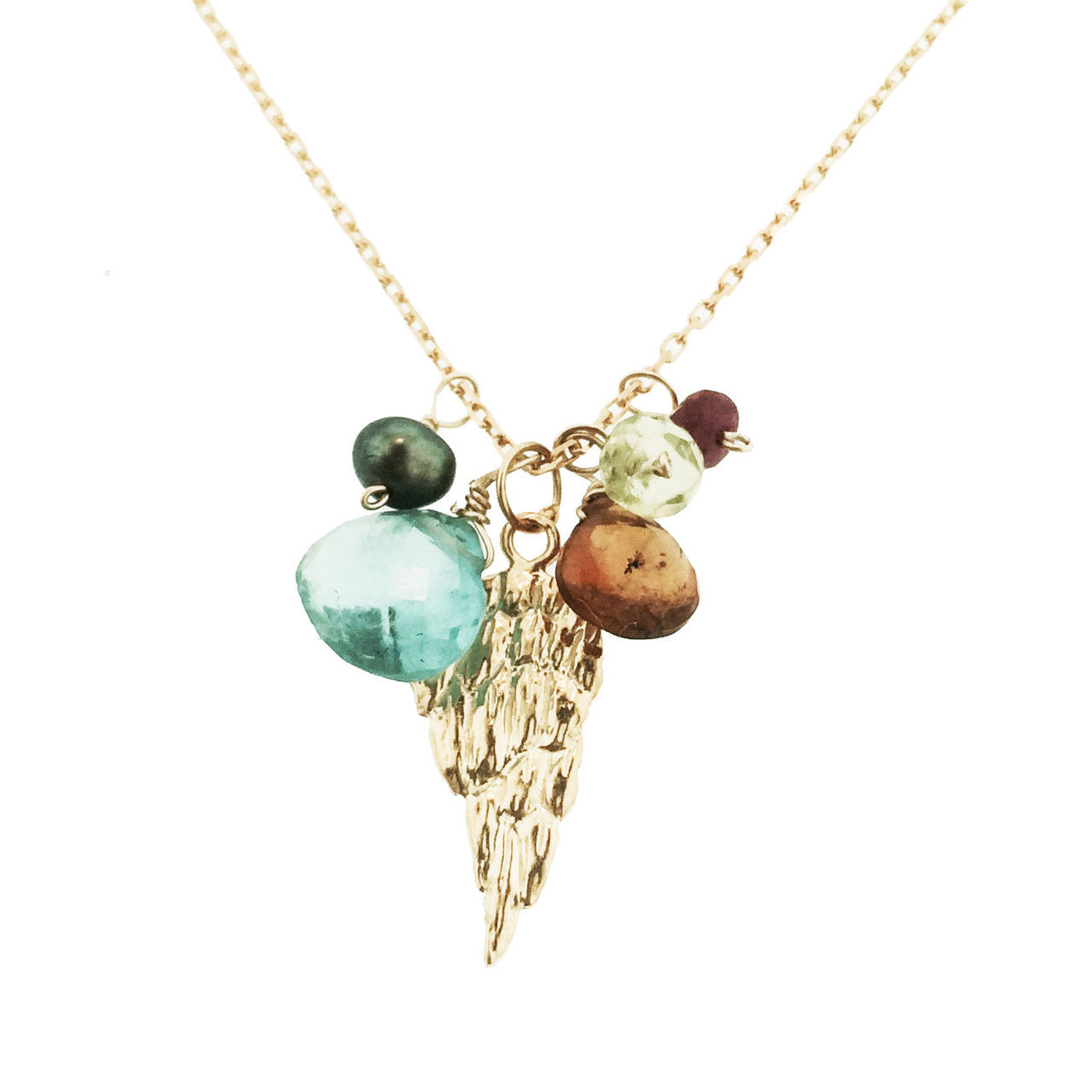 wing charm necklace with appetite, Citrine,  black pearl , peridot and ruby