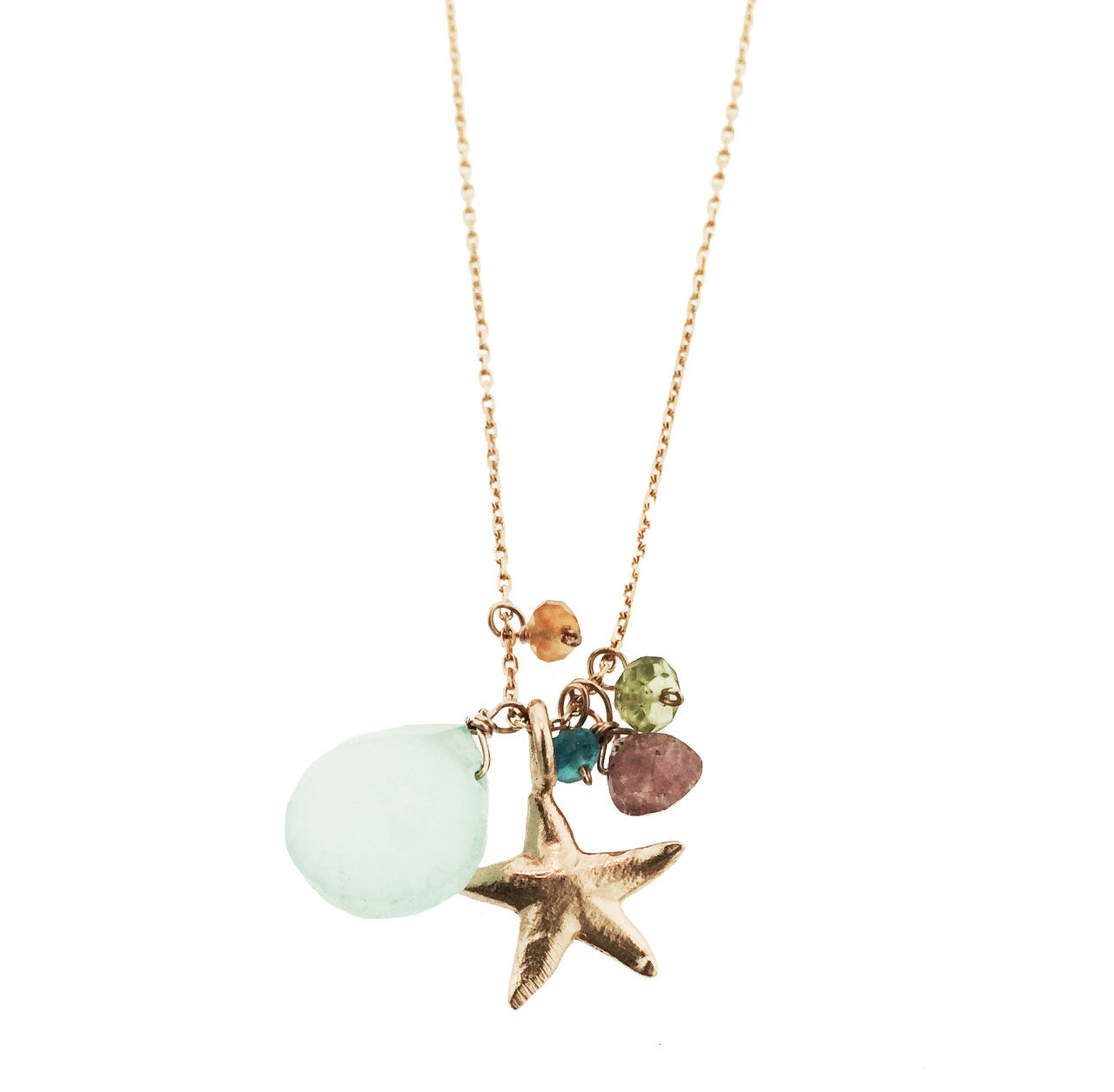 Sea Star Charm Necklace with Aqua Chalcedony , Pink tourmaline, blue topaz, peridot, and orange garnet