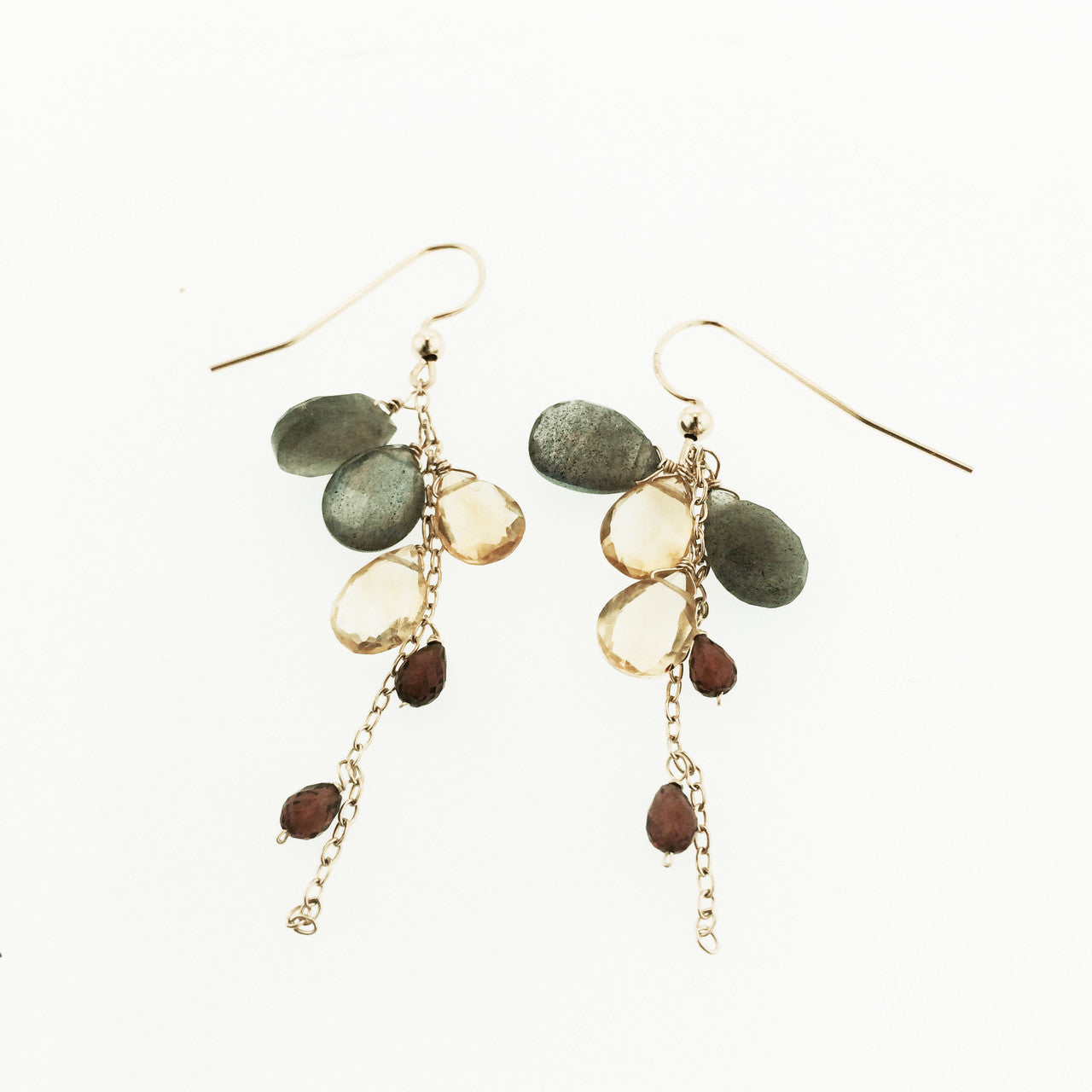 14K Yellow gold Gemstone Cascade Earring, Labradorite Citrine & Garnet Cascade Earring, Statement Cascade Gemstone Earring Hand Made