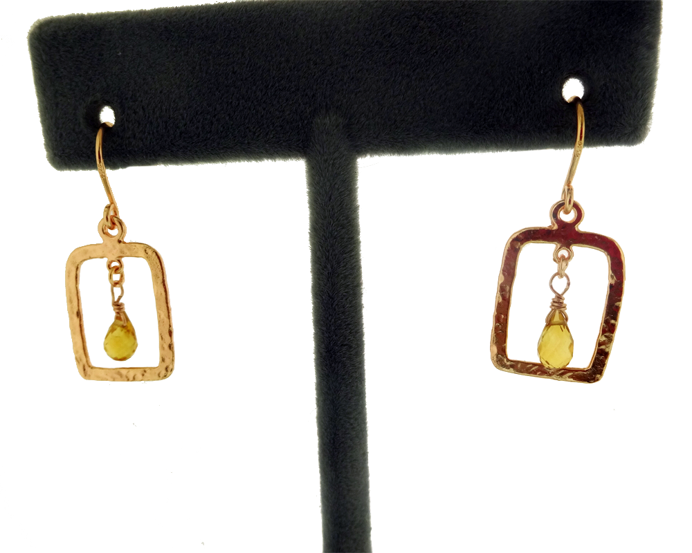 14K Rose Gold Hammered Rectangle Citrine Drop Earring, Citrine Drop Earring, Hammered Silver Gemstone Earring Hand Made