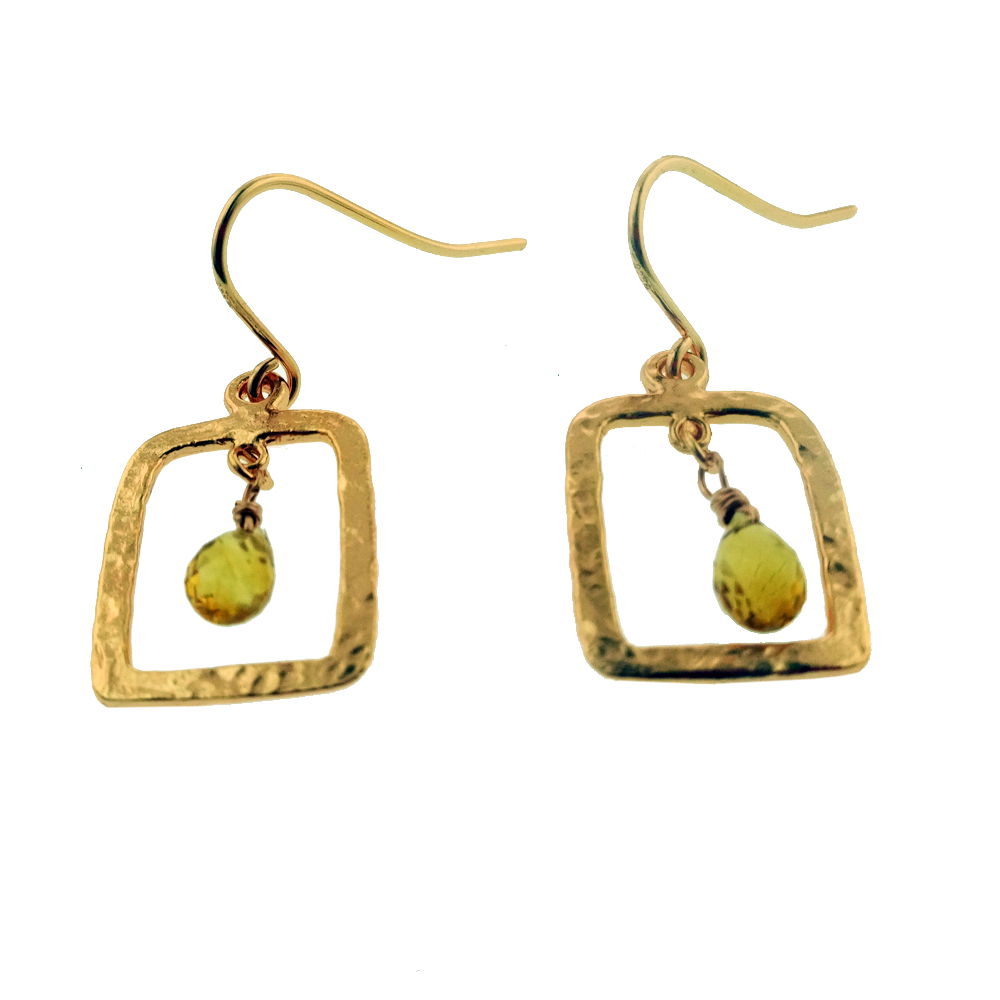 14K Rose Gold Hammered Rectangle Citrine Drop Earring, Citrine Drop Earring, Hammered Silver Gemstone Earring Hand Made