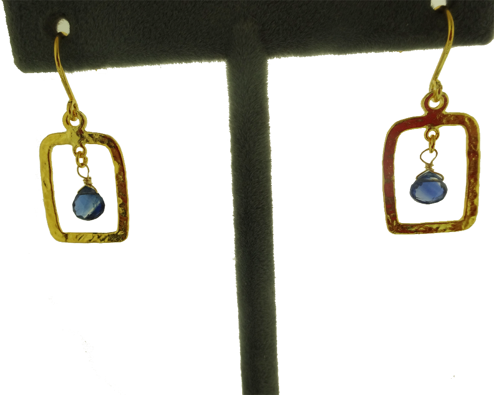 14k Yellow Gold Kyanite Hammered Drop Earrings, Rectangle Hammered Gemstone Drop Earring, Contemporary Earring hand Made