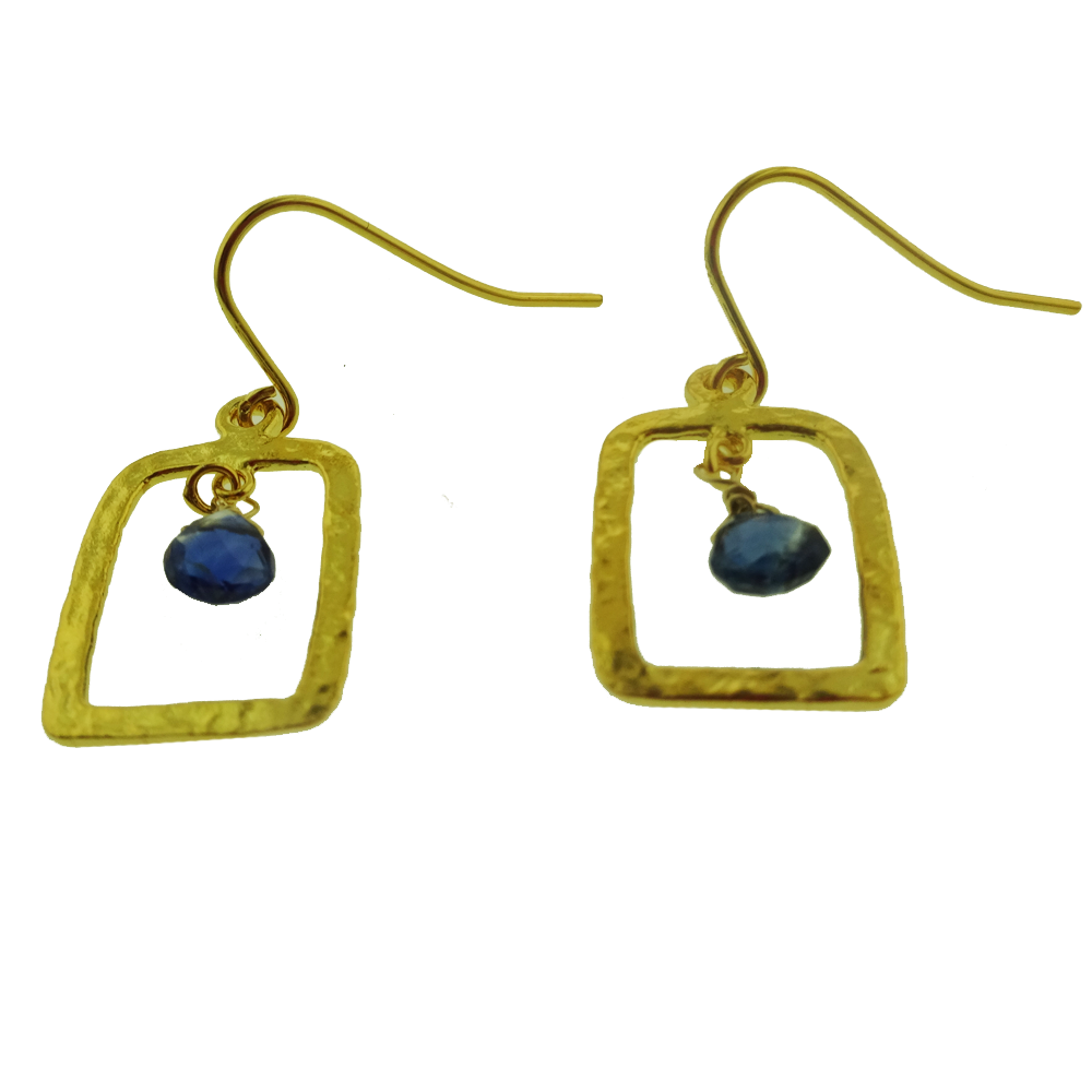 14k Yellow Gold Kyanite Hammered Drop Earrings, Rectangle Hammered Gemstone Drop Earring, Contemporary Earring hand Made