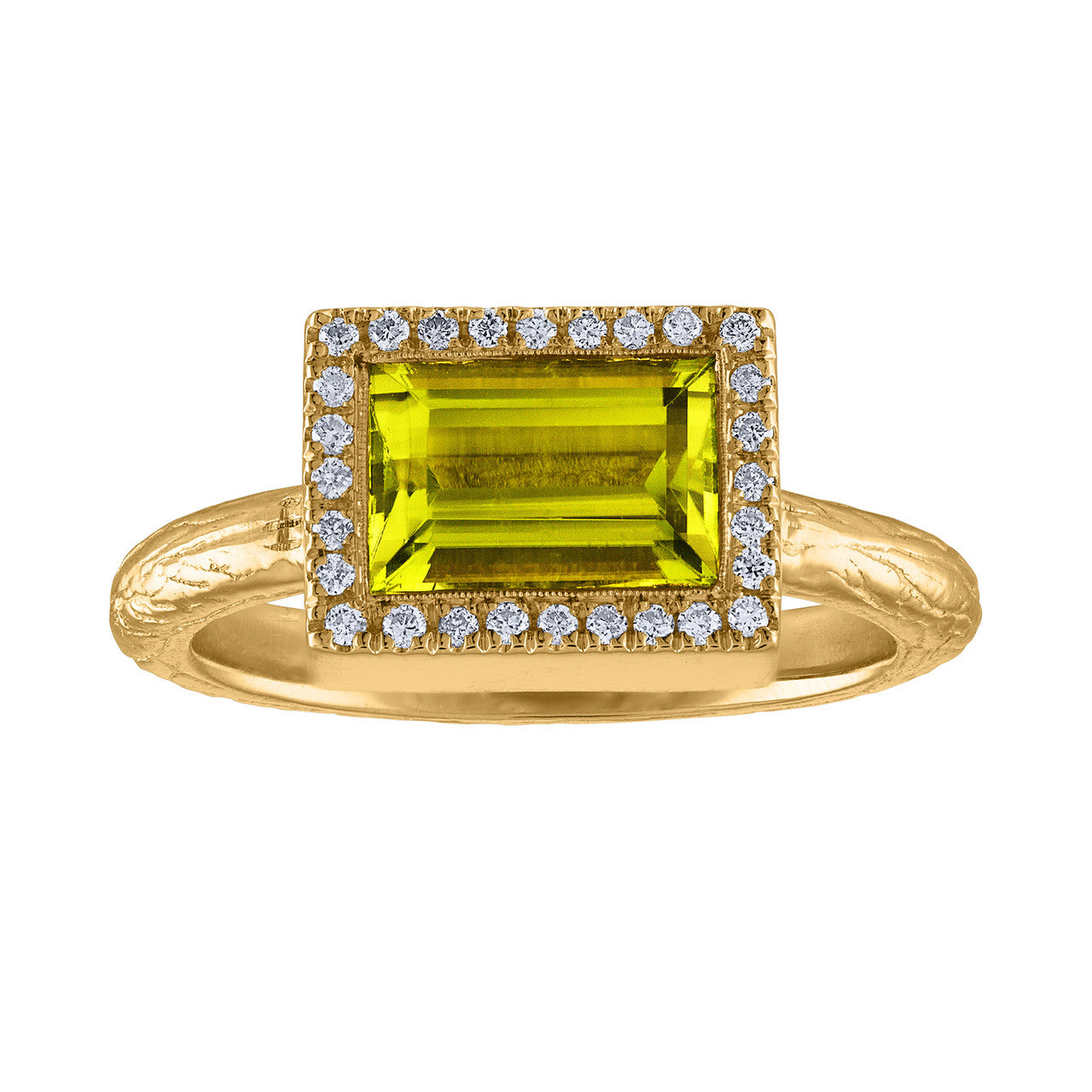 One Of A Kind Horizontal Diamond Peridot Engagement Ring, 14K Yellow Gold Diamond & Peridot Cocktail Ring