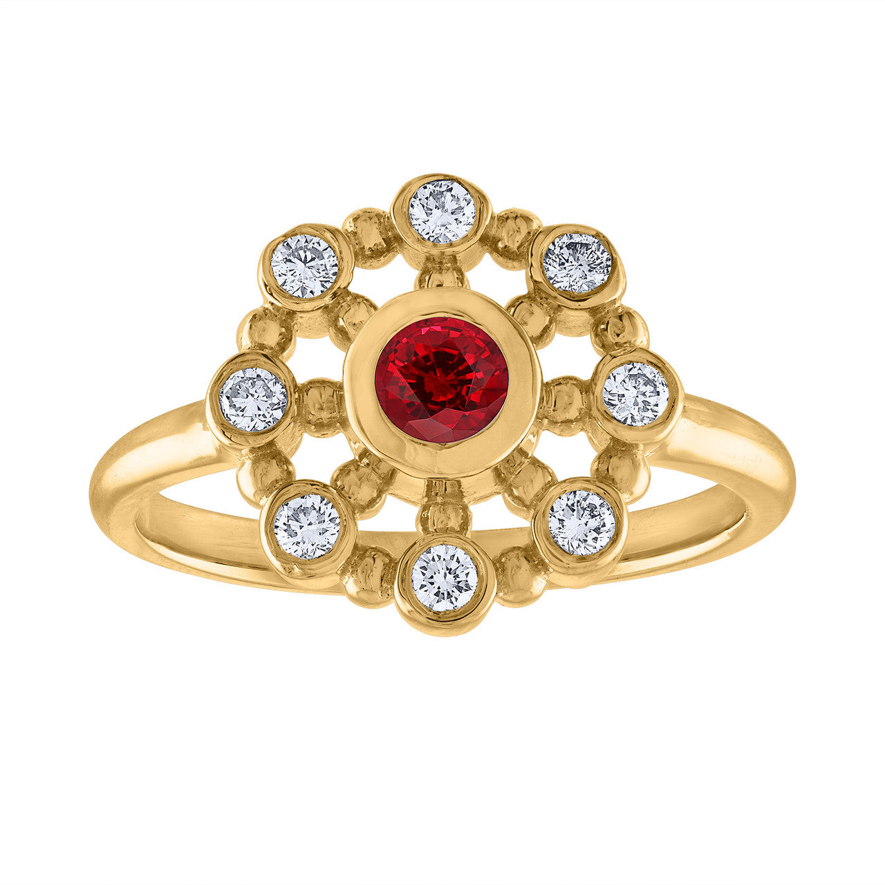 14K Yellow Gold Ruby & Diamond Cocktail Ring, Vintage Style Yellow Gold Diamond Anniversary Ring