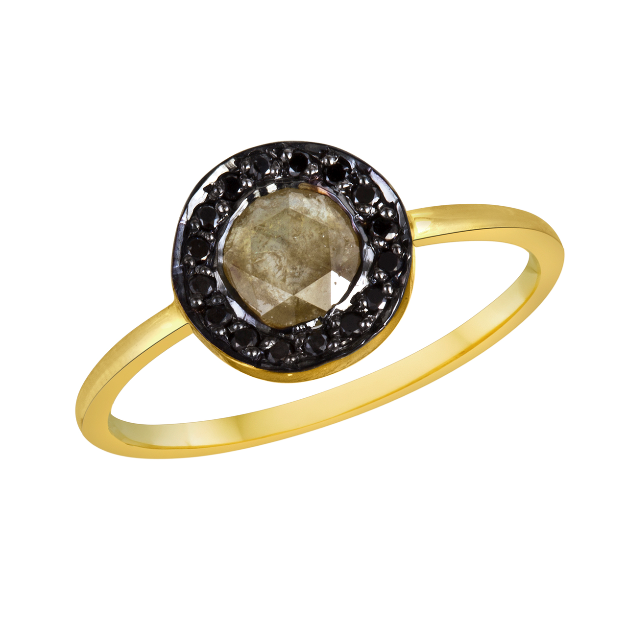 18 karat gold hand crafted one of a kind ring.
total weight .55Carat
top of the ring measures approximately 8mm.
the center stone is .45 Carat rose cut natural green diamond.
It has total of 17 black diamonds set around the rose cut diamond.
Comes with free sizing and shipping!