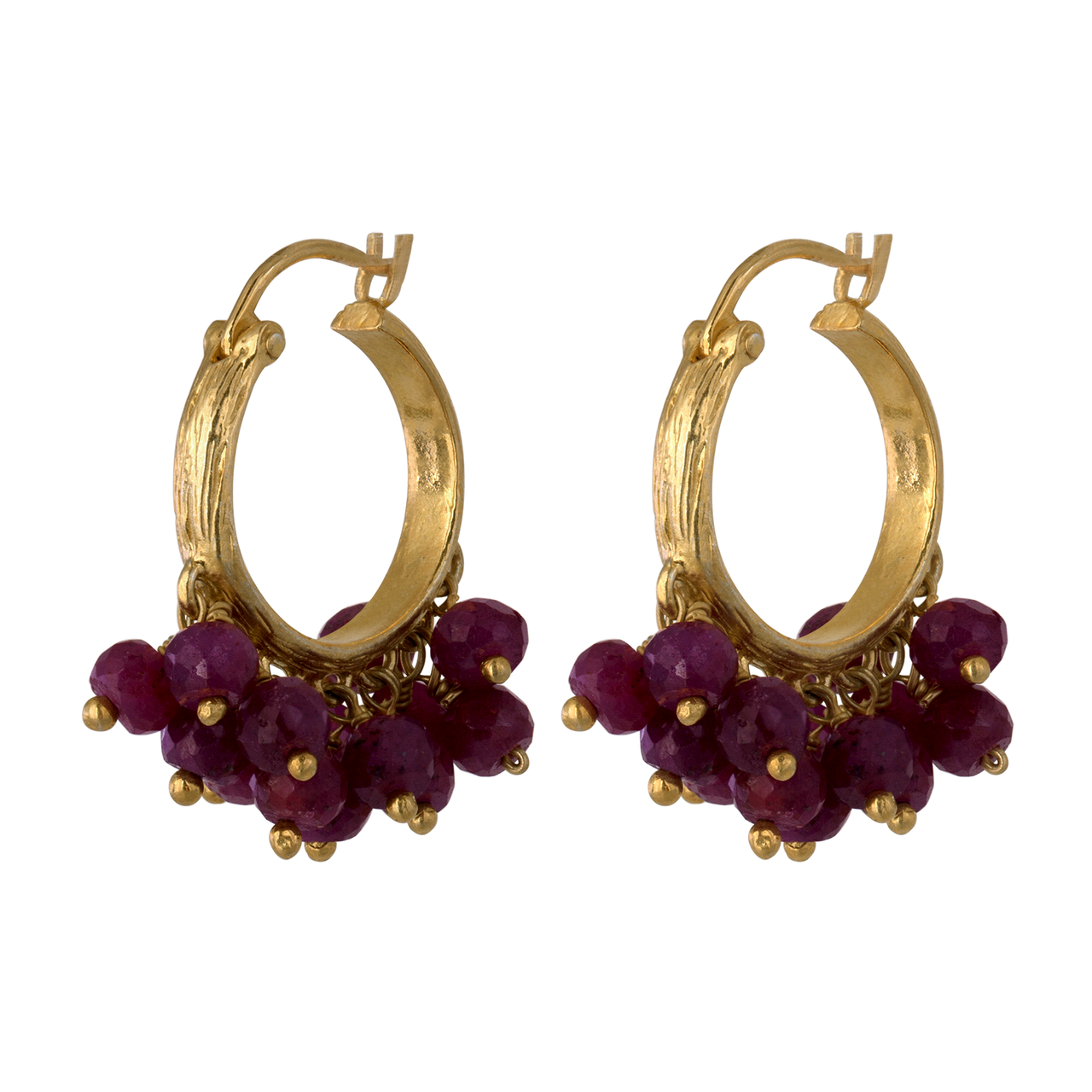 Ruby Clustered Huggie Small Hoop Earrings, 14K Yellow Gold Ruby Hoop Earring, Ruby earring, Hand Made Ruby Cluster Earring