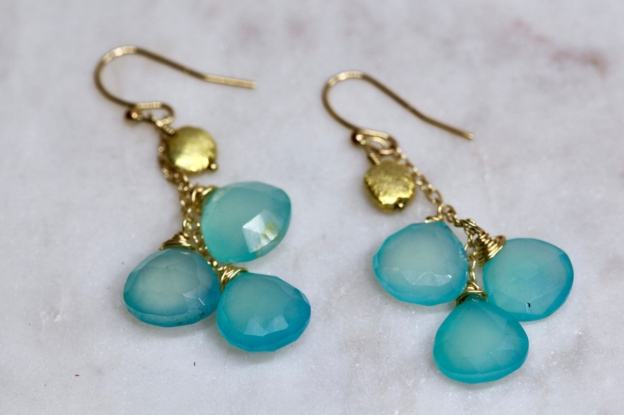 Handmade 14K Yellow Gold Blue Aqua Chalcedony Gemstone Cascade Earring