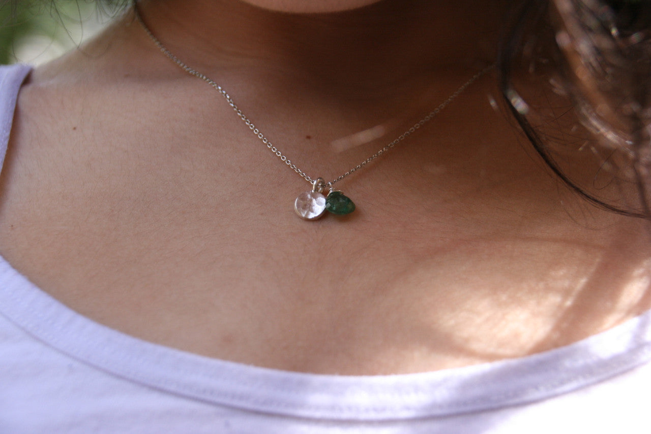 925 Sterling Silver Emerald Precious Gemstone Hammered Charm Necklace, Sterling Silver Charm Necklace, Emerald Pendant