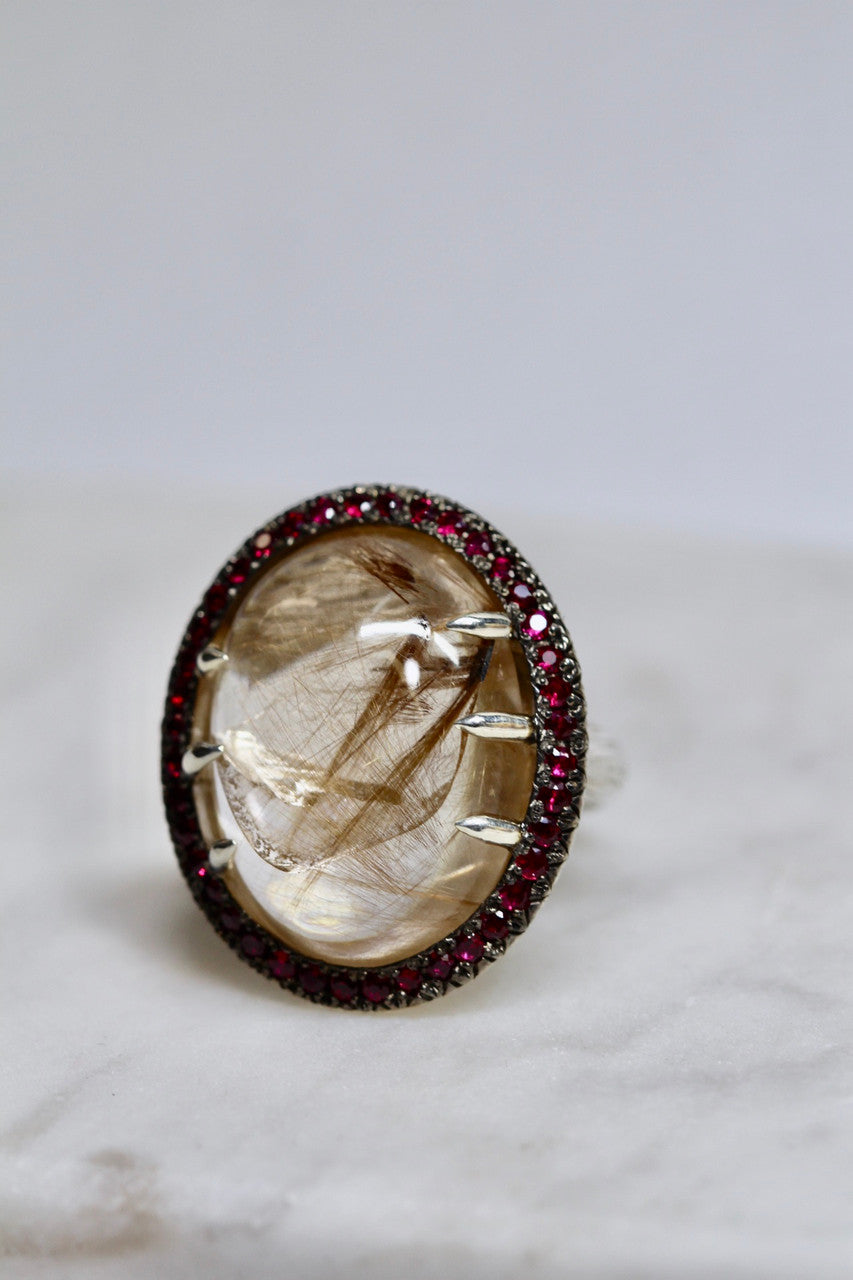 Unique Sterling Silver Rutilated Quartz Ruby Ring