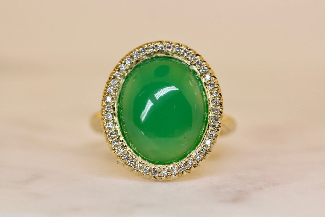 Chrysoprase And Diamond Cocktail Ring, 14K Yellow Gold Diamond Chrysoprase  Statement Ring